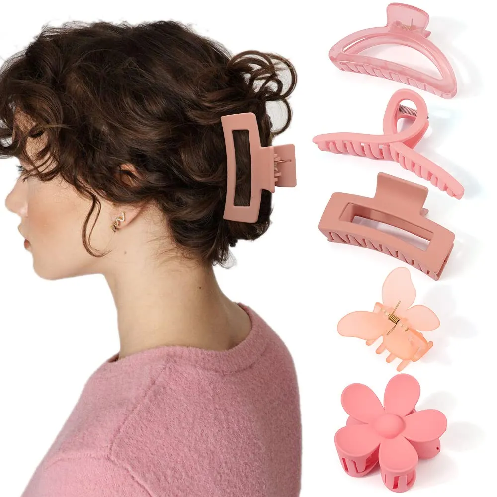 Ahoney 5 Pack Cute Pink Hair Clips 3.4-4.3 Inch Jaw Clips for Hair Big Hair Clamp Butterfly Flower Pink Hair Accessories for Women Non Slip Hair Styling for Girls