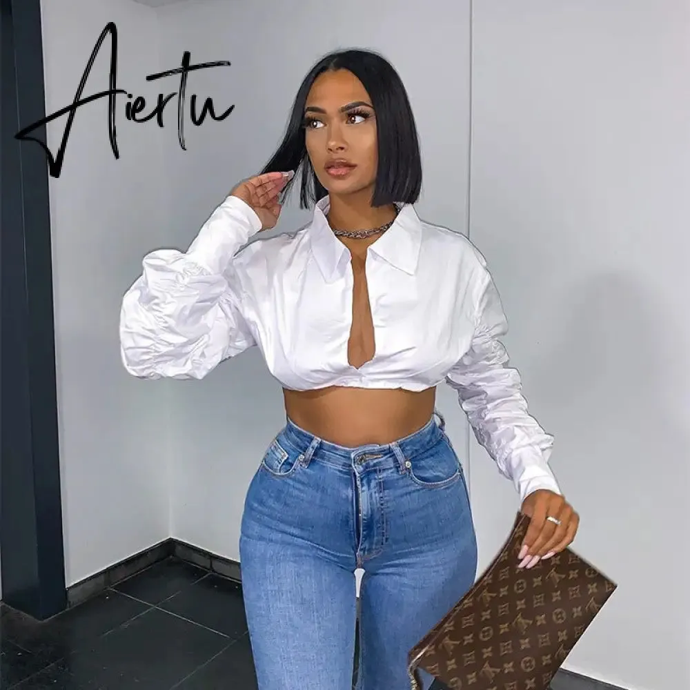 Aiertu  Long Puff Sleeve Solid Botton Ruched Patchwork Tshirt Top Autumn Winter Women Fashion Sexy Party Club Outfits