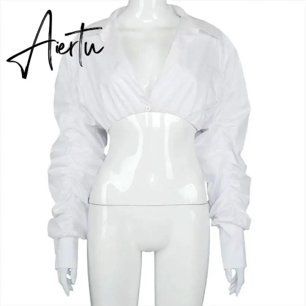 Aiertu  Long Puff Sleeve Solid Botton Ruched Patchwork Tshirt Top Autumn Winter Women Fashion Sexy Party Club Outfits