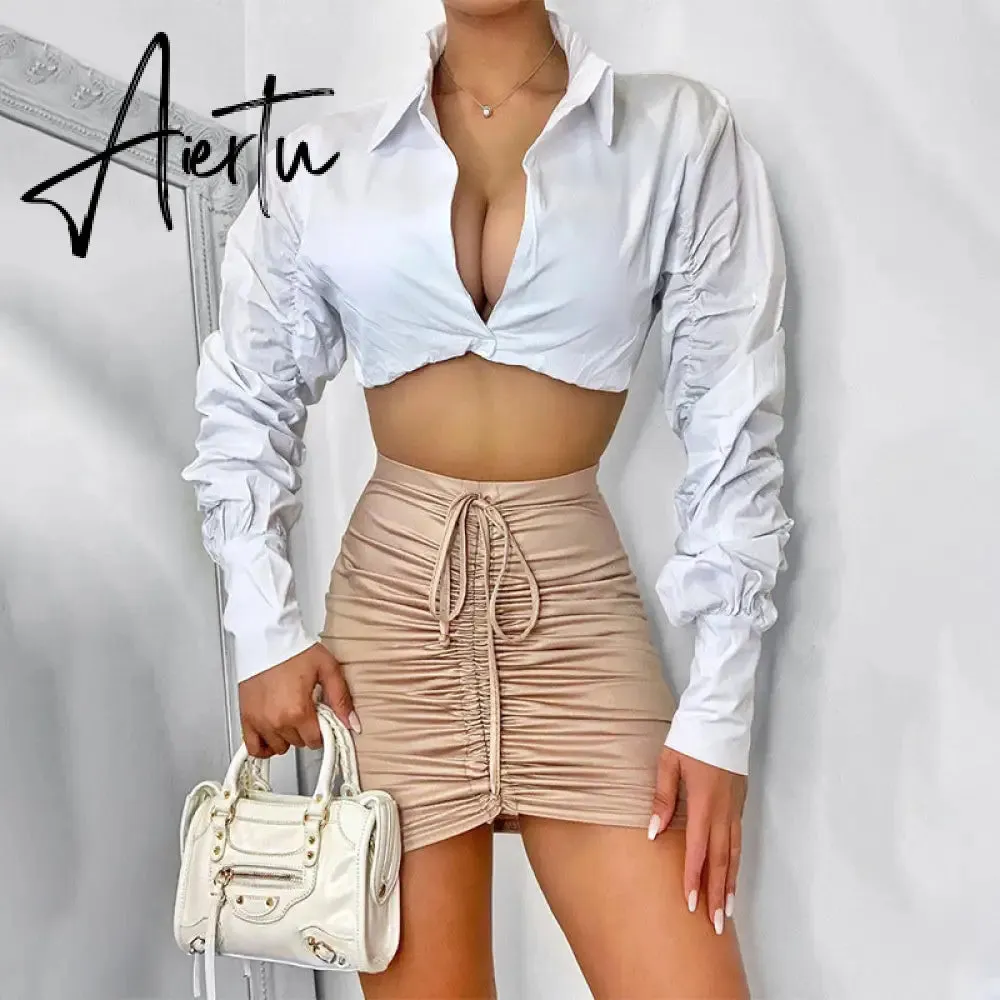Aiertu  Long Puff Sleeve Solid Botton Ruched Patchwork Tshirt Top Autumn Winter Women Fashion Sexy Party Club Outfits