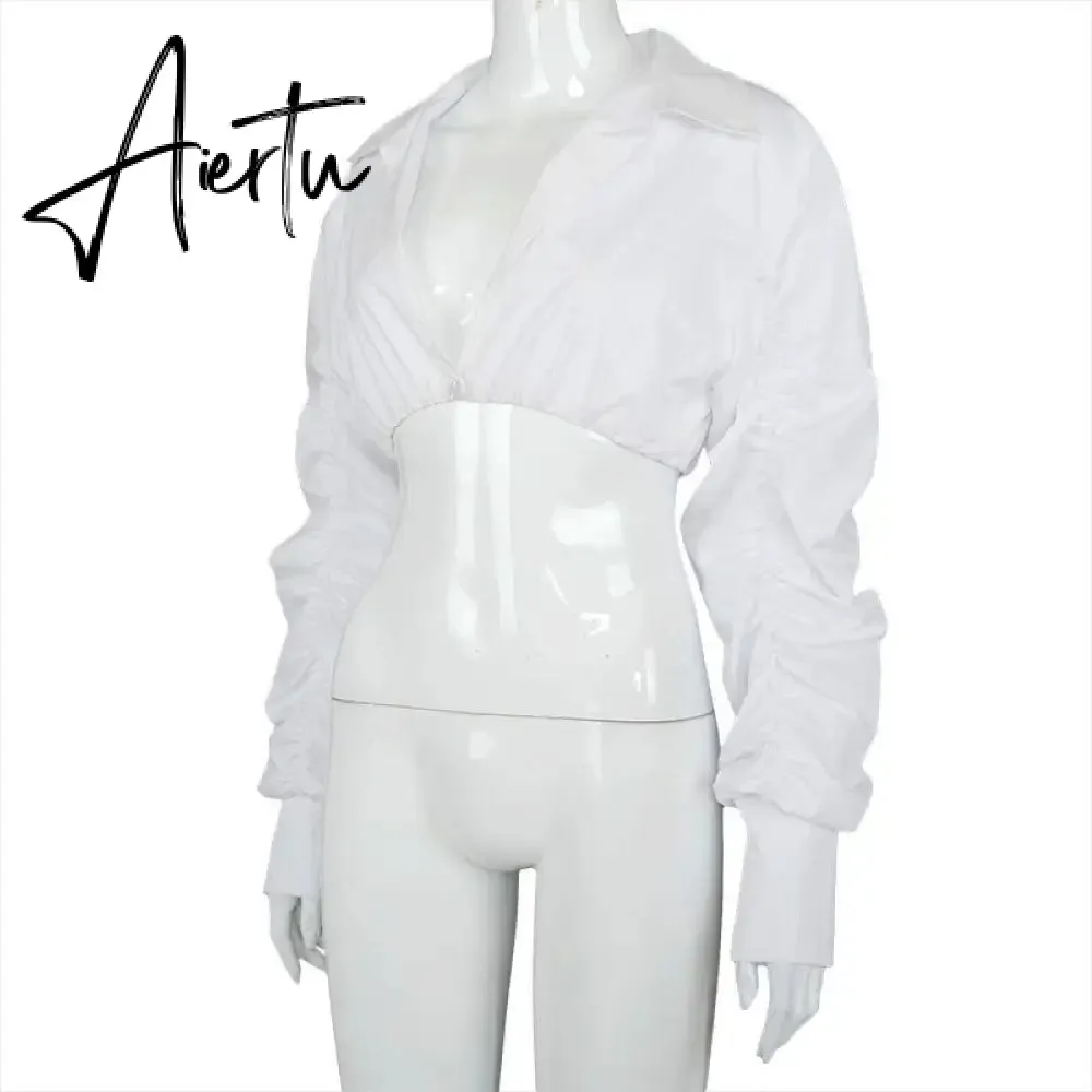 Aiertu  Long Puff Sleeve Solid Botton Ruched Patchwork Tshirt Top Autumn Winter Women Fashion Sexy Party Club Outfits