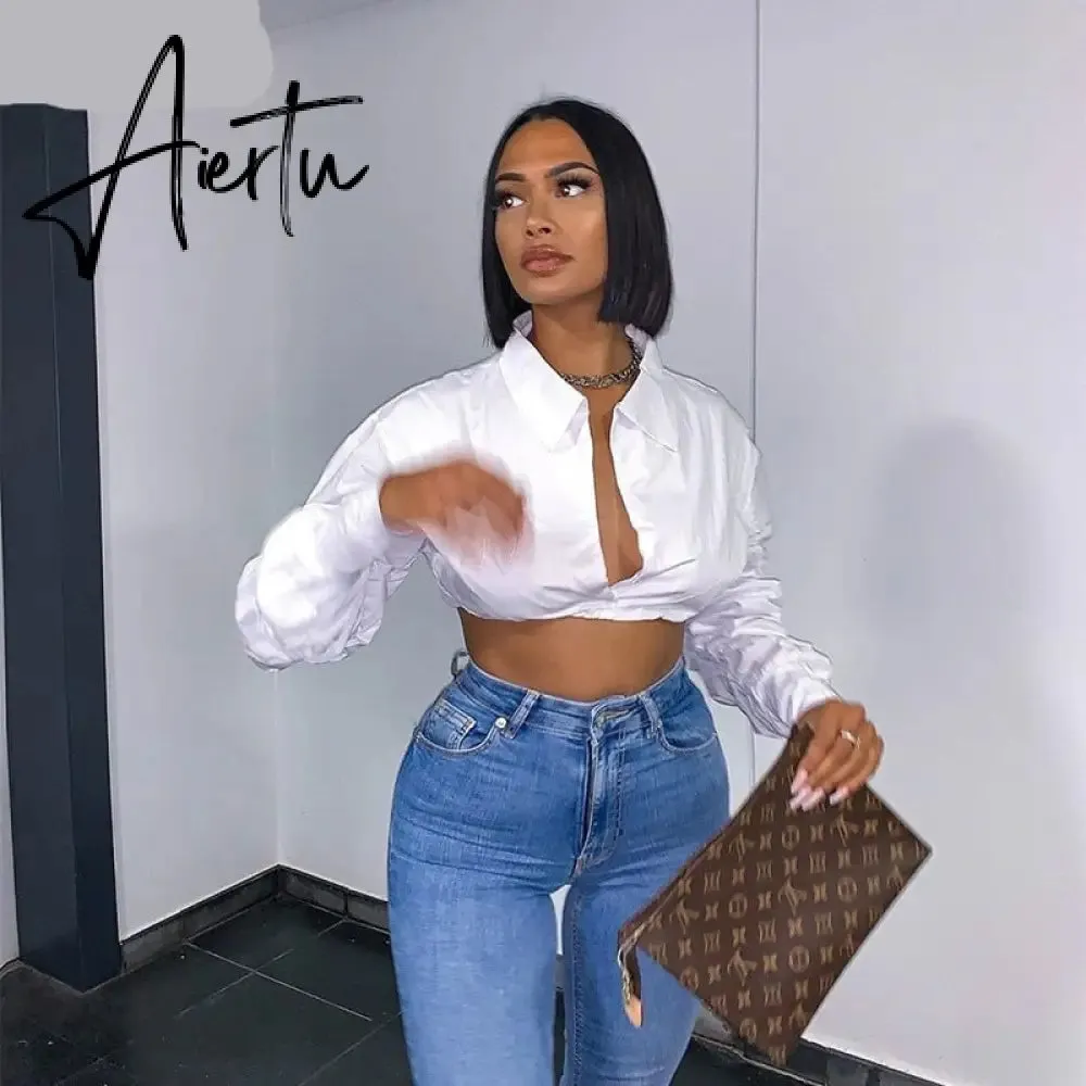 Aiertu  Long Puff Sleeve Solid Botton Ruched Patchwork Tshirt Top Autumn Winter Women Fashion Sexy Party Club Outfits