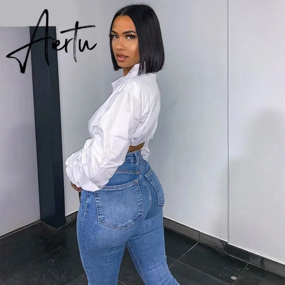 Aiertu  Long Puff Sleeve Solid Botton Ruched Patchwork Tshirt Top Autumn Winter Women Fashion Sexy Party Club Outfits