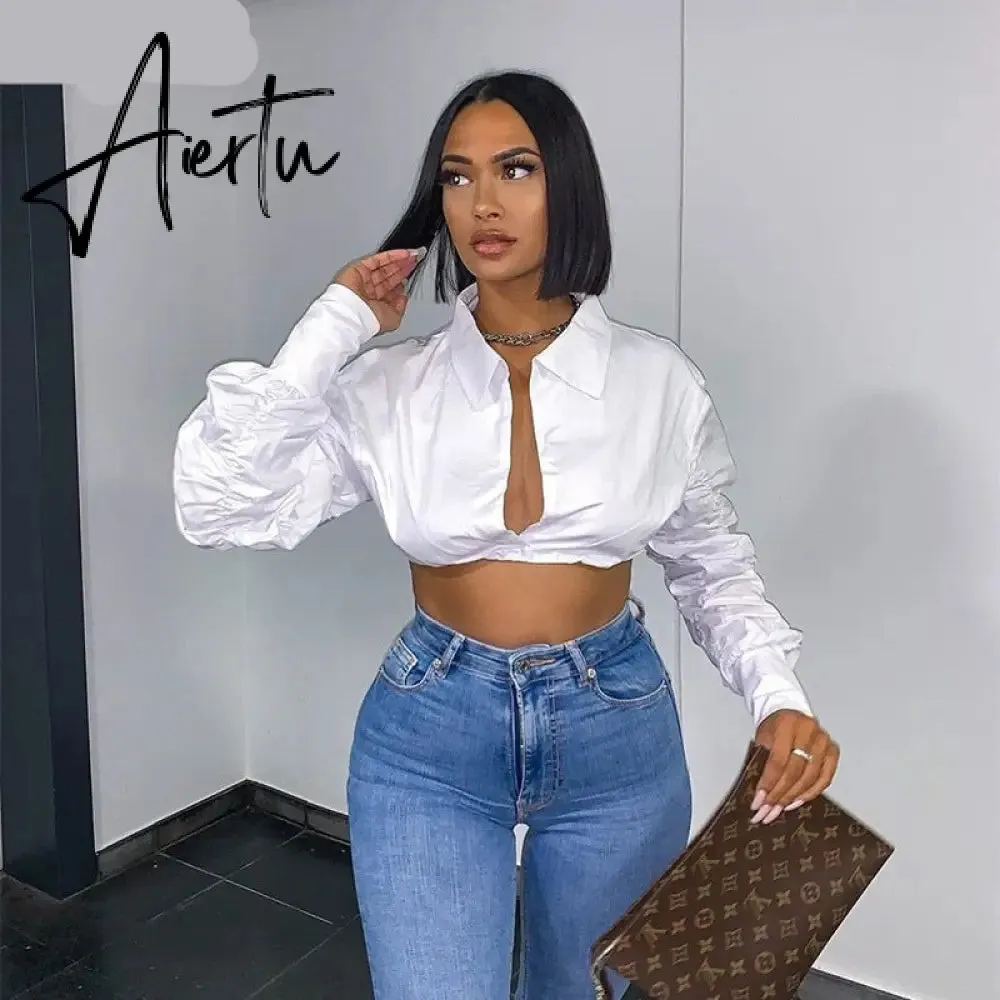 Aiertu  Long Puff Sleeve Solid Botton Ruched Patchwork Tshirt Top Autumn Winter Women Fashion Sexy Party Club Outfits