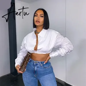 Aiertu  Long Puff Sleeve Solid Botton Ruched Patchwork Tshirt Top Autumn Winter Women Fashion Sexy Party Club Outfits