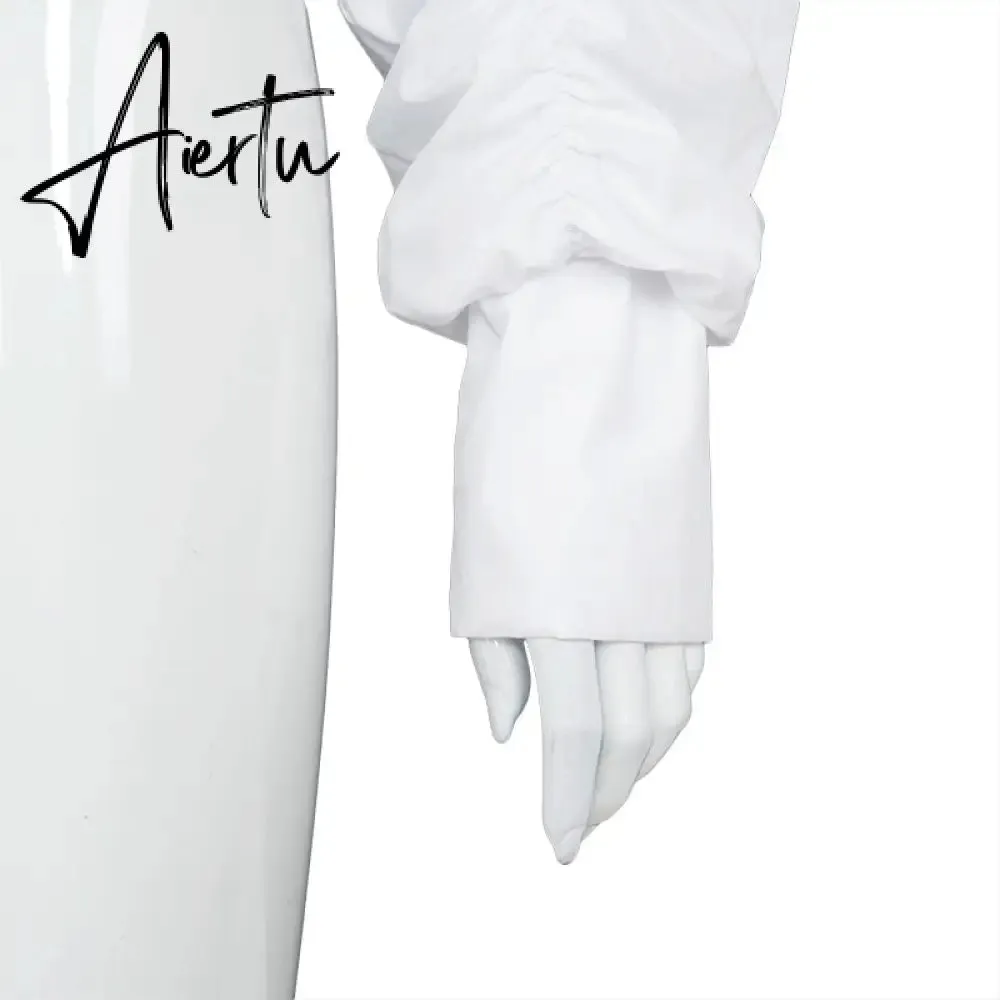 Aiertu  Long Puff Sleeve Solid Botton Ruched Patchwork Tshirt Top Autumn Winter Women Fashion Sexy Party Club Outfits