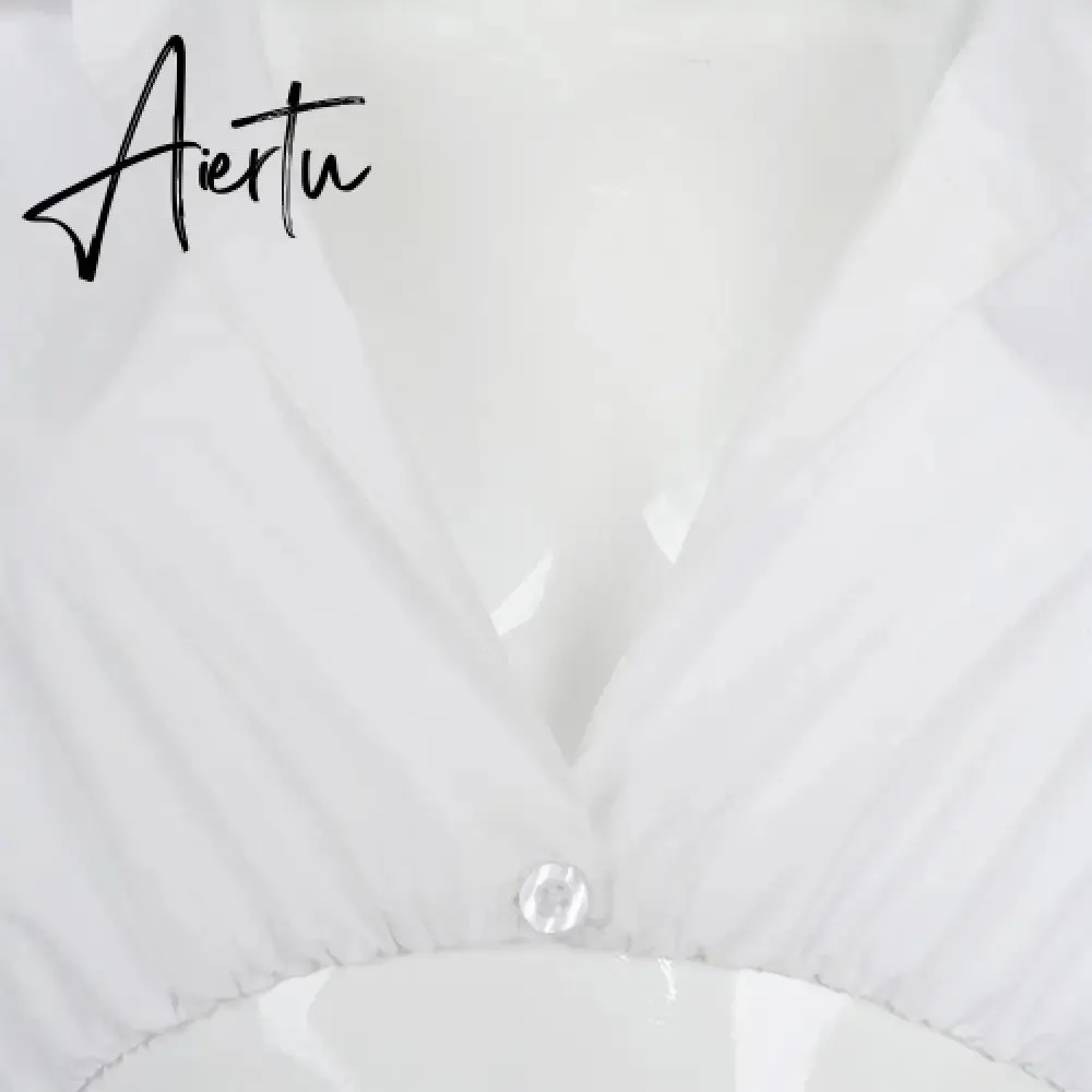 Aiertu  Long Puff Sleeve Solid Botton Ruched Patchwork Tshirt Top Autumn Winter Women Fashion Sexy Party Club Outfits