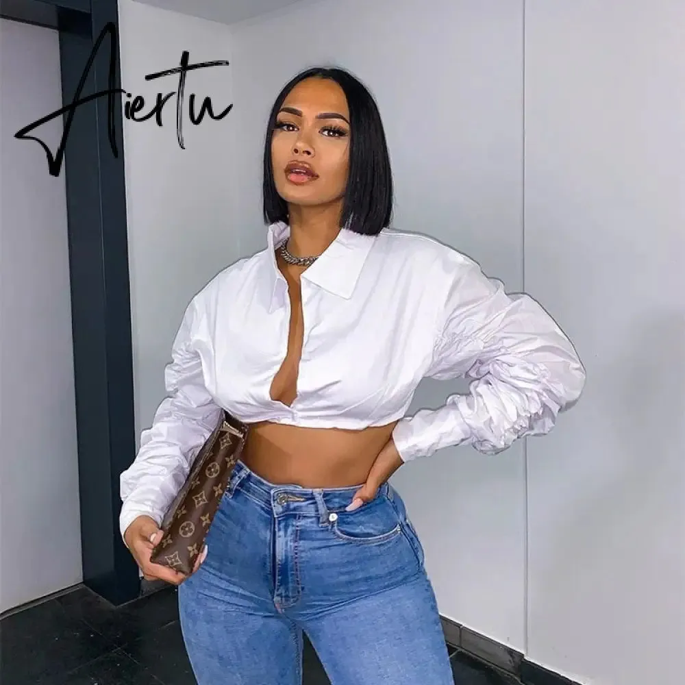 Aiertu  Long Puff Sleeve Solid Botton Ruched Patchwork Tshirt Top Autumn Winter Women Fashion Sexy Party Club Outfits