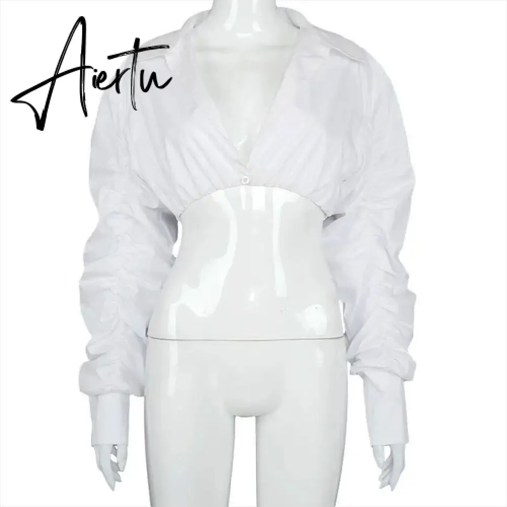 Aiertu  Long Puff Sleeve Solid Botton Ruched Patchwork Tshirt Top Autumn Winter Women Fashion Sexy Party Club Outfits