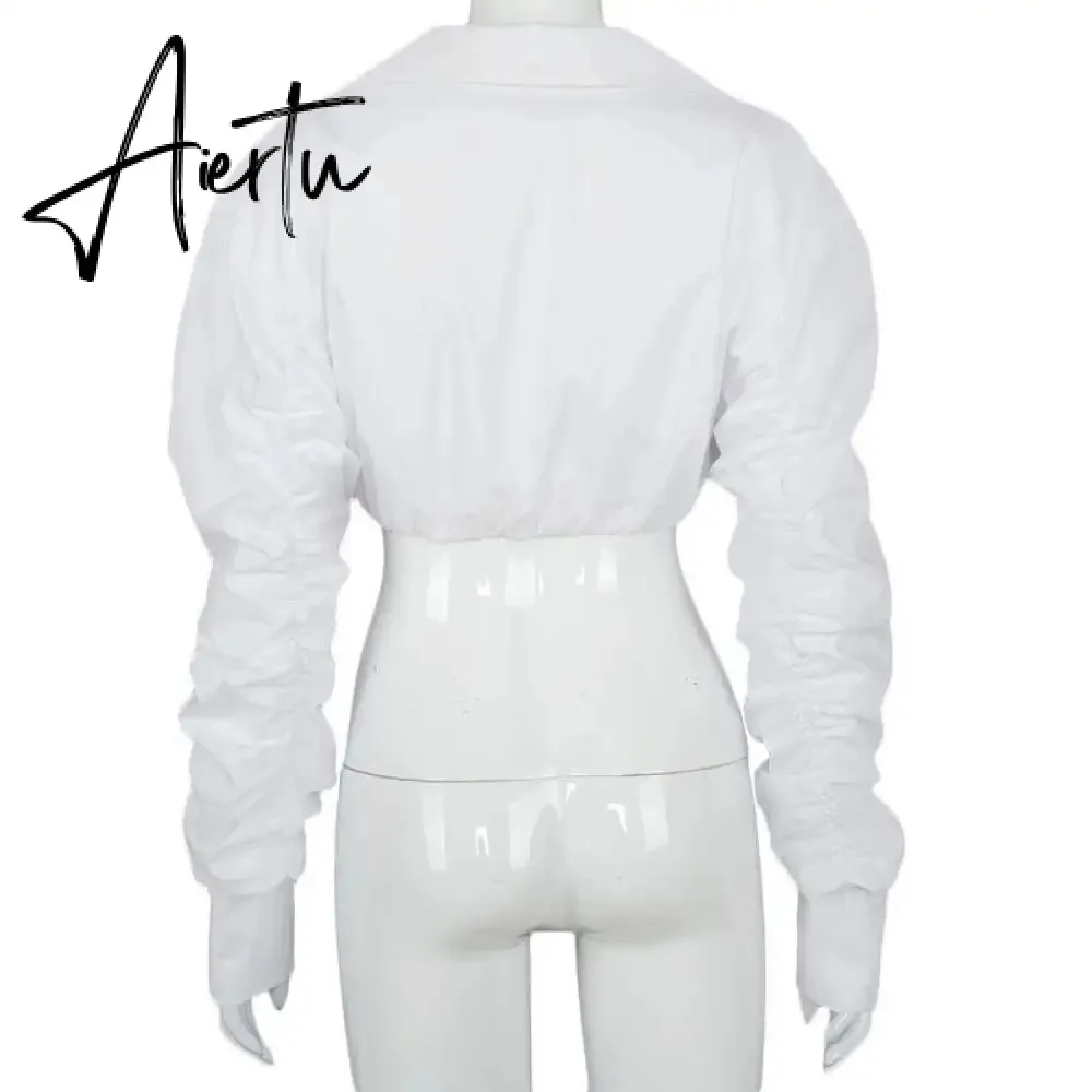 Aiertu  Long Puff Sleeve Solid Botton Ruched Patchwork Tshirt Top Autumn Winter Women Fashion Sexy Party Club Outfits