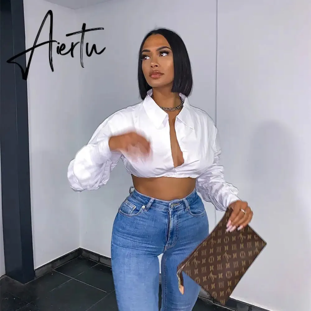 Aiertu  Long Puff Sleeve Solid Botton Ruched Patchwork Tshirt Top Autumn Winter Women Fashion Sexy Party Club Outfits