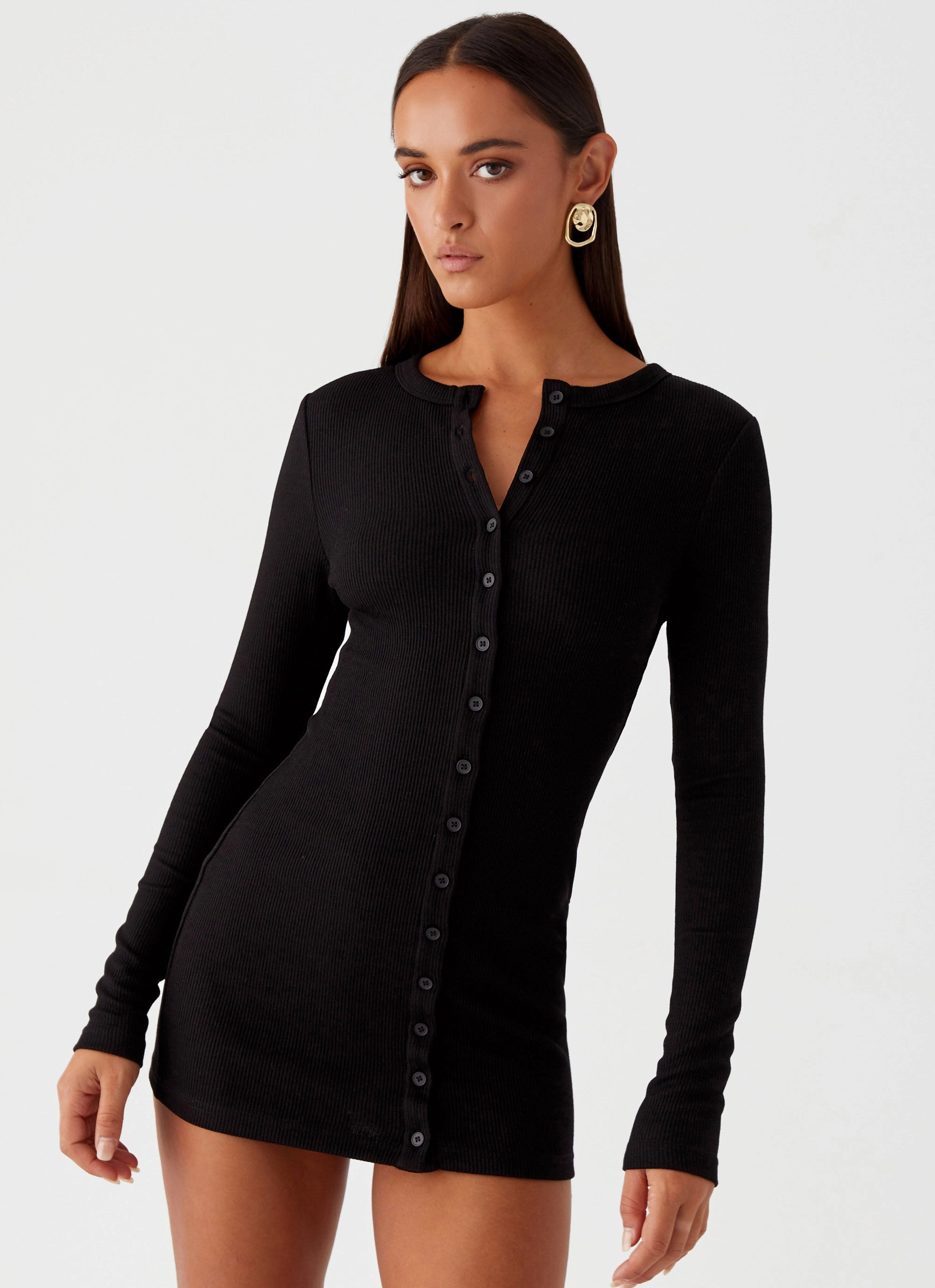 Chill Design Flattering Waistband Fit Ailee Long Sleeve Mini Dress - Black