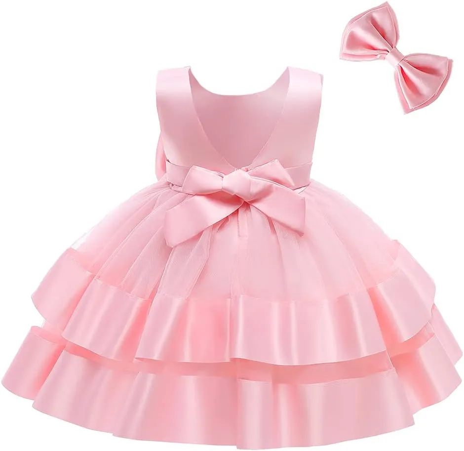 AIMJCHLD 0-6T Baby Girls V Backless Flower Dress Pageant Party Wedding Gown Dresses with Hair Bow