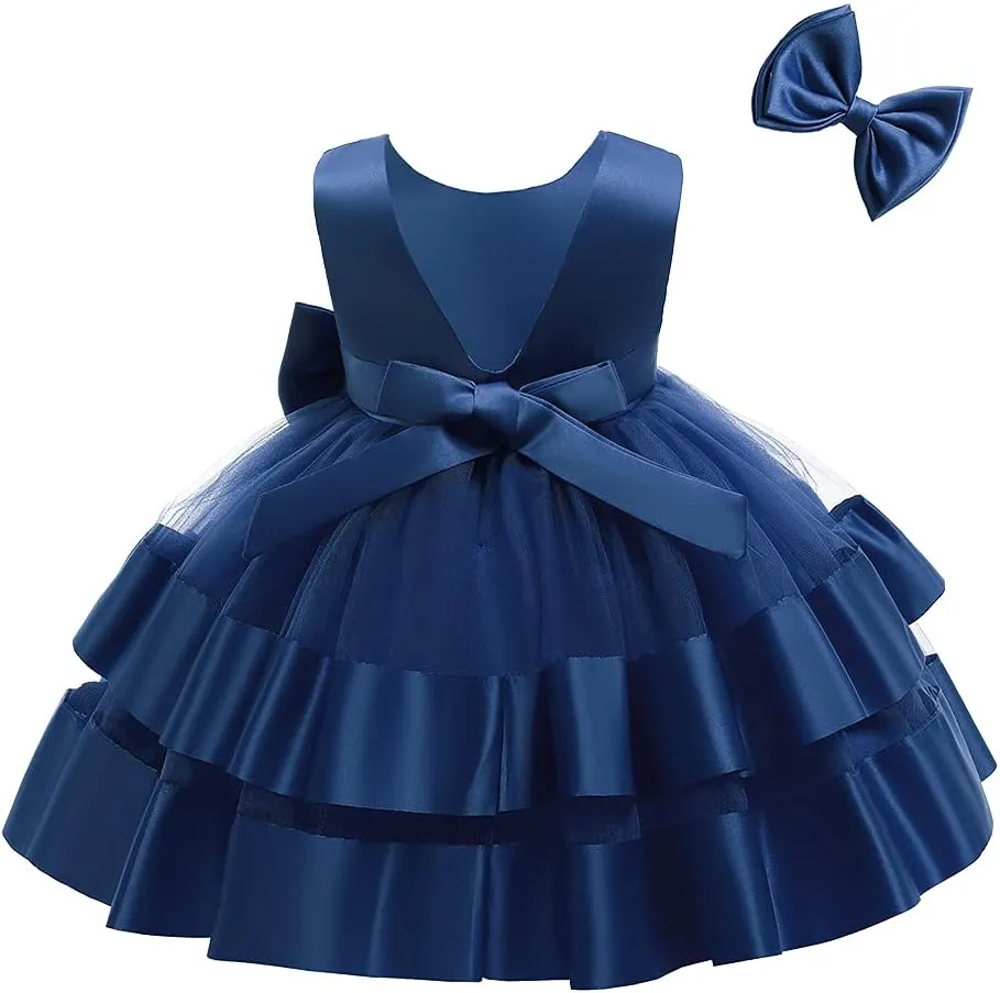 AIMJCHLD 0-6T Baby Girls V Backless Flower Dress Pageant Party Wedding Gown Dresses with Hair Bow