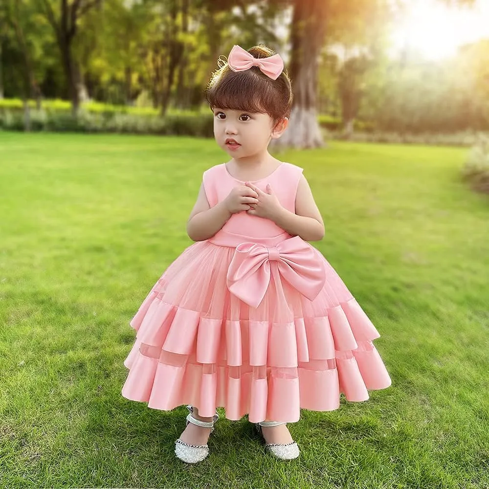 AIMJCHLD 0-6T Baby Girls V Backless Flower Dress Pageant Party Wedding Gown Dresses with Hair Bow