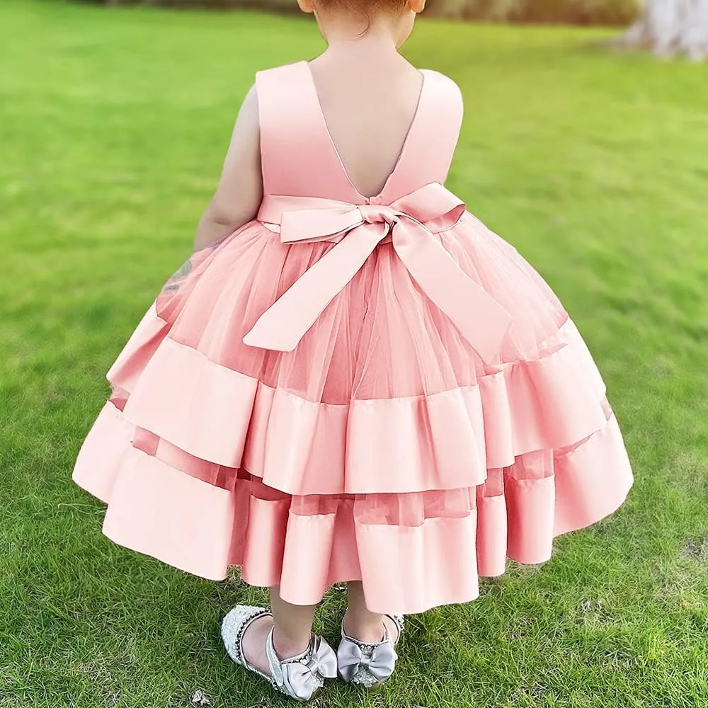 AIMJCHLD 0-6T Baby Girls V Backless Flower Dress Pageant Party Wedding Gown Dresses with Hair Bow