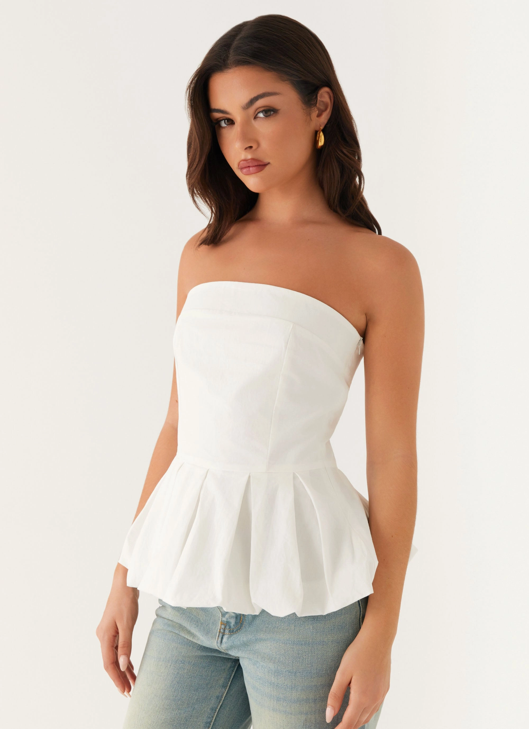 Minimalist Cuff AntiPill Texture Ellen Bubble Hem Top - Ivory