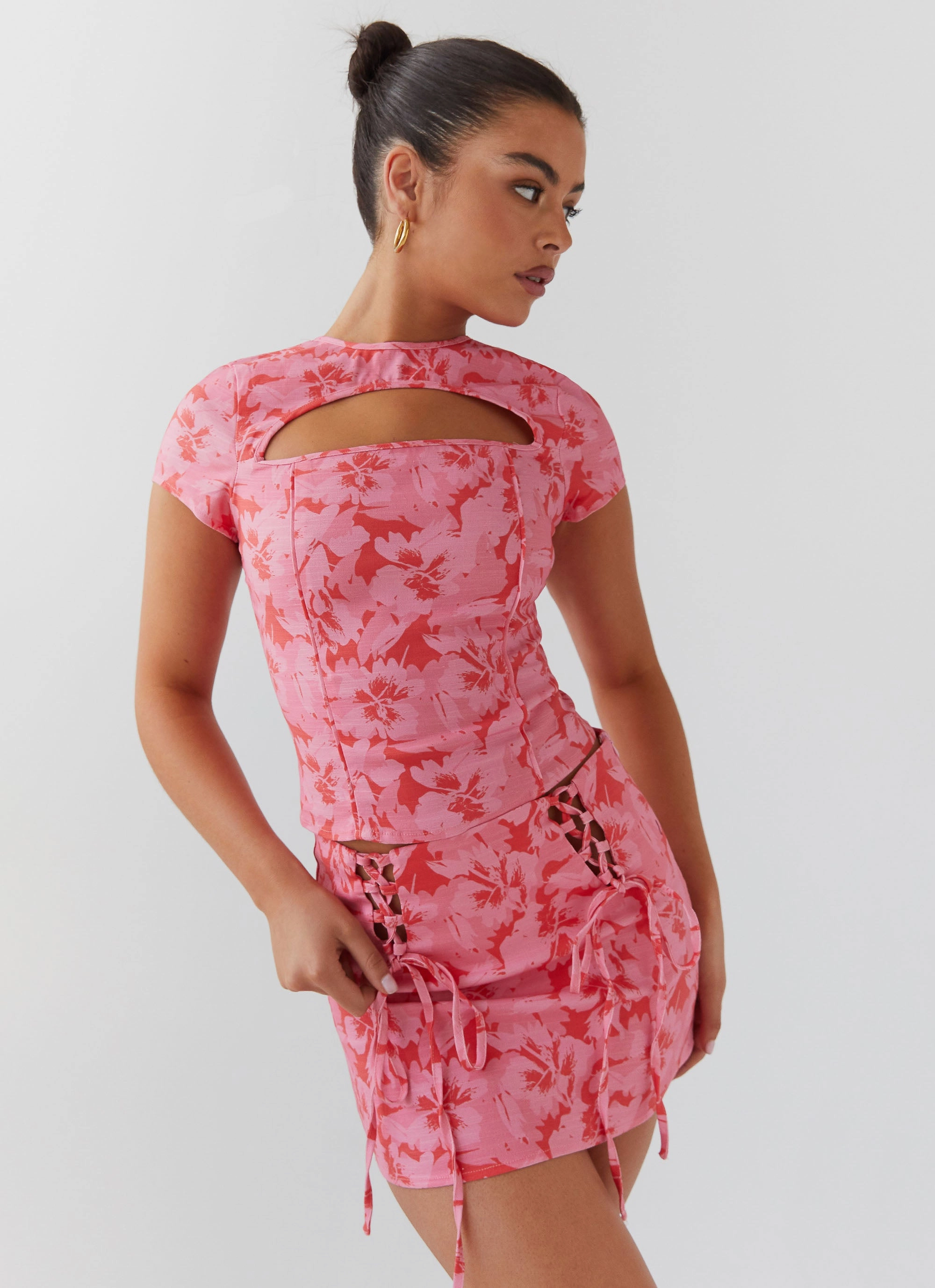 Hidden Zip Pockets Take A Sip Tie Mini Skirt - Cherry Blossom