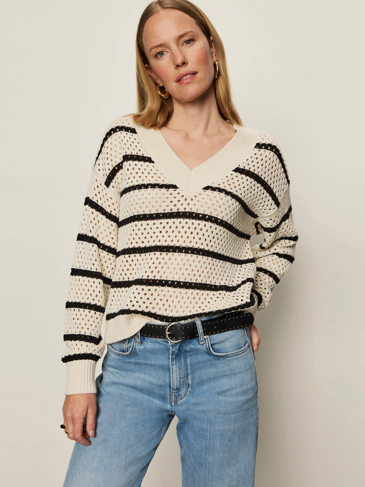 Street Ready Heat Retention Technology Airy Openwork Sweater Chalk Black Stripe