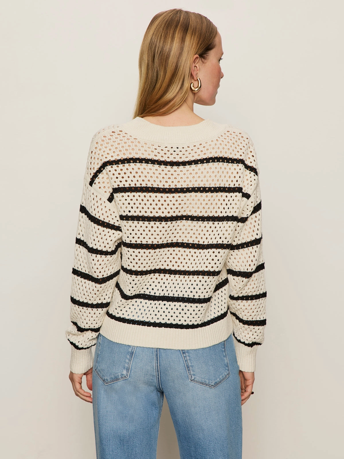 MoistureWicking Textured Weave Airy Openwork Sweater Chalk Black Stripe