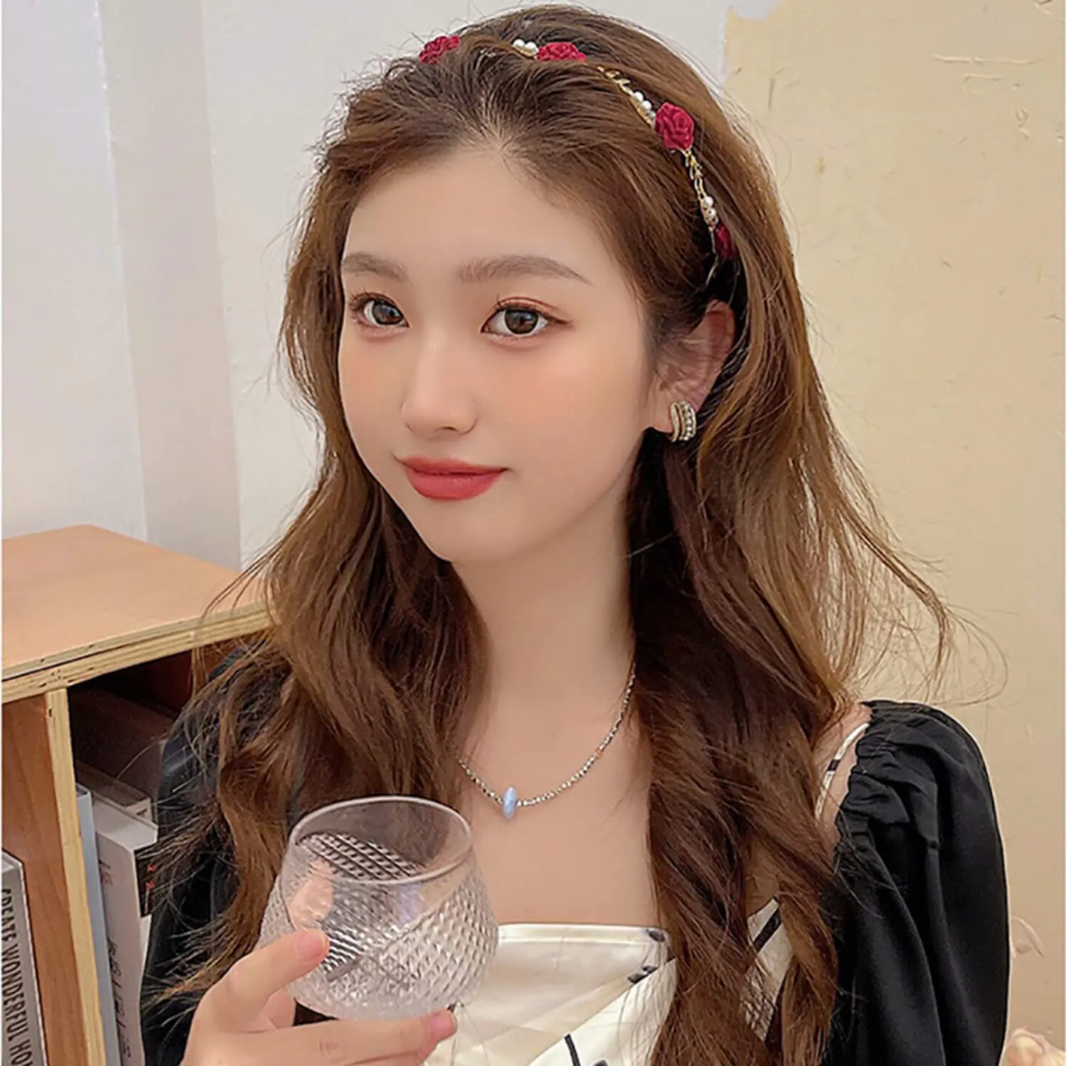 AIUPUOC Hairband, Red Rose Flower Metal Hair Accessories, Exquisite Hair Hoop Hairbands Hair Band Hairpin for Women Girls Scrunchies 1Pcs