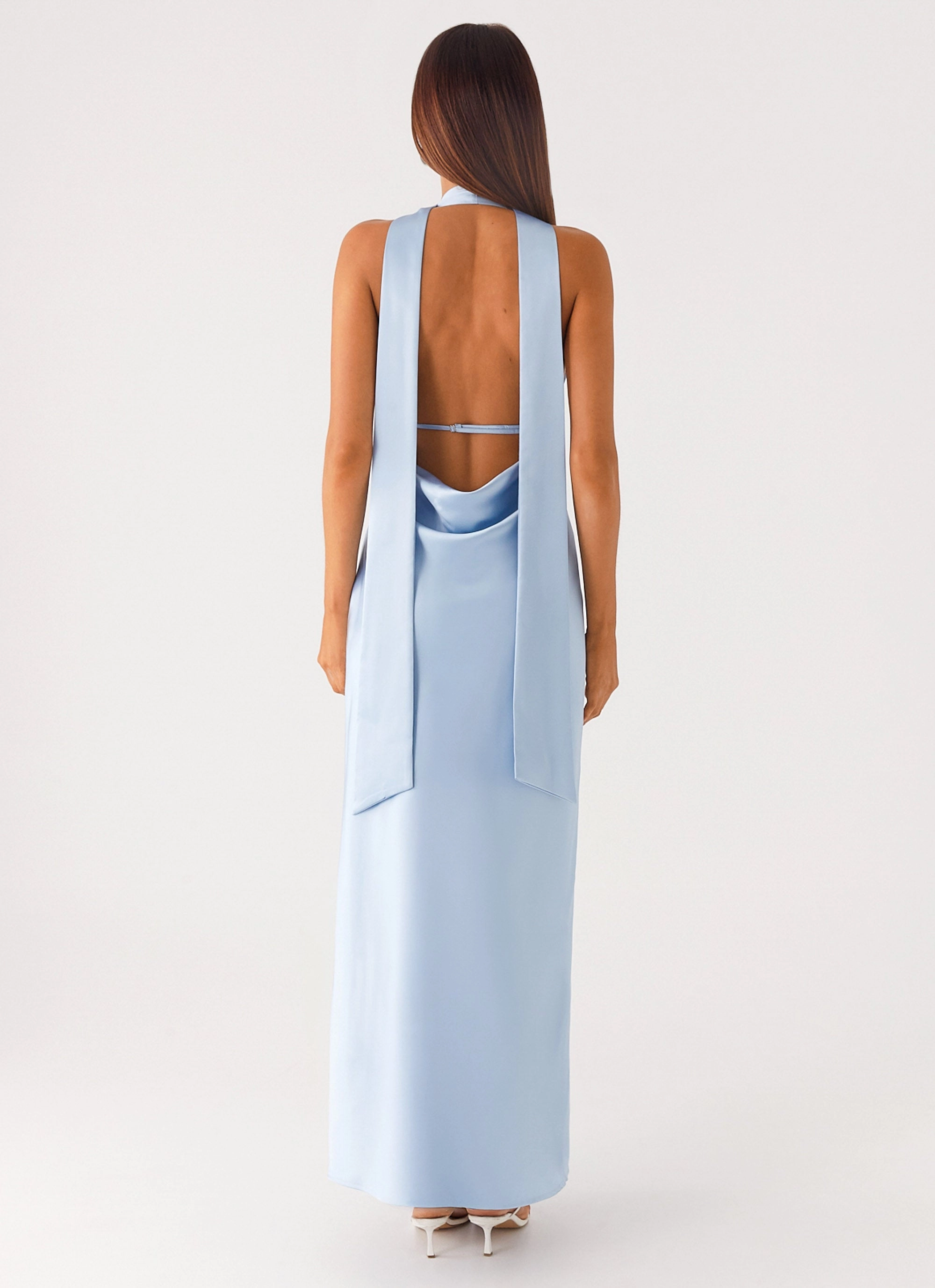Alicia Satin Halter Maxi Dress - Baby Blue Balloon Hem Double Layer Recycled Polyester