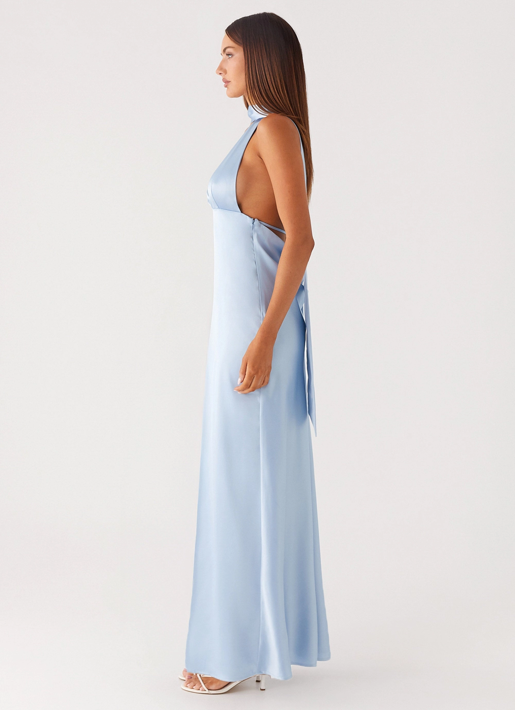 Alicia Satin Halter Maxi Dress - Baby Blue Balloon Hem Style Preview
