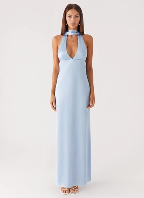 Alicia Satin Halter Maxi Dress - Baby Blue Balloon Hem Alicia Satin Halter Maxi Dress - Baby Blue Balloon Hem Floral Pattern Neutral Look
