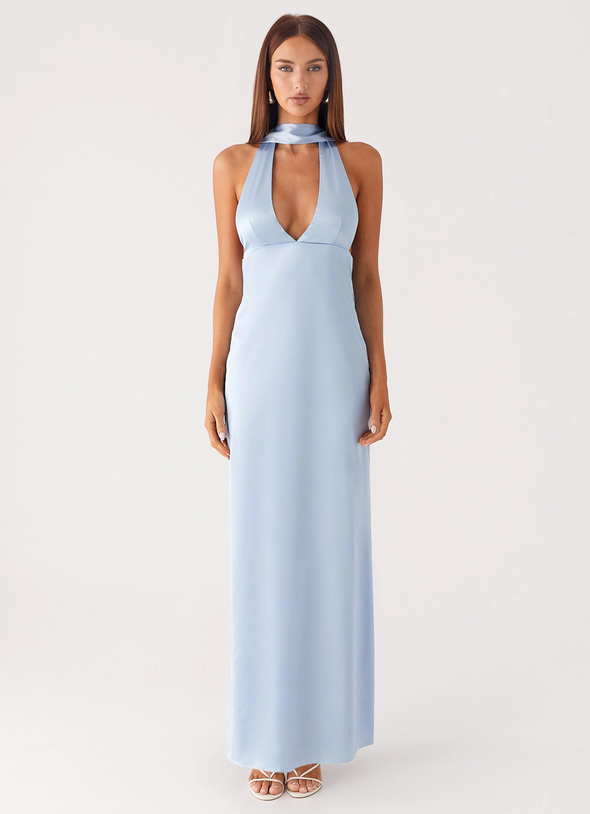 Alicia Satin Halter Maxi Dress - Baby Blue Balloon Hem Floral Pattern Neutral Look