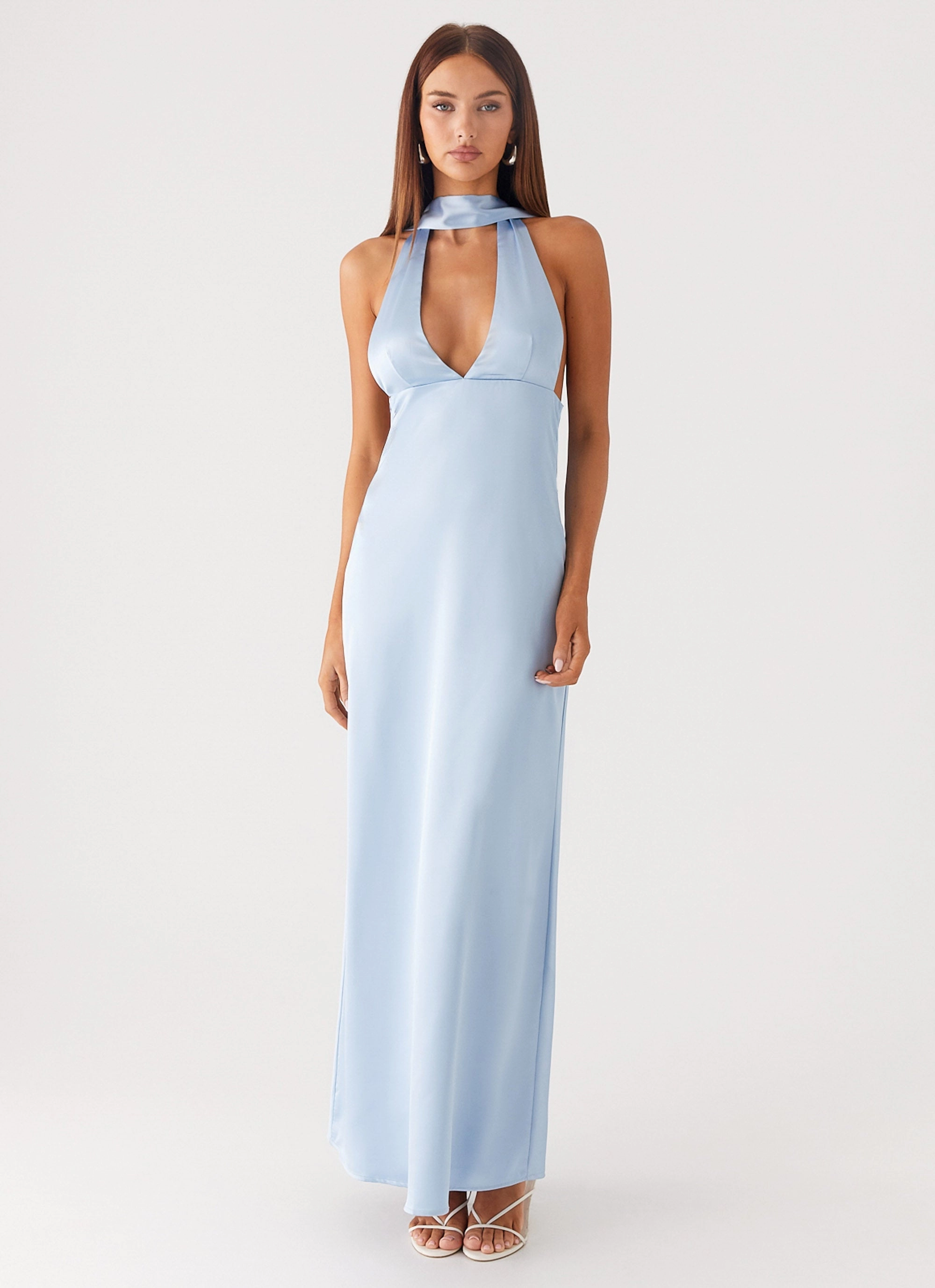 Department Store Style Alicia Satin Halter Maxi Dress - Baby Blue Balloon Hem