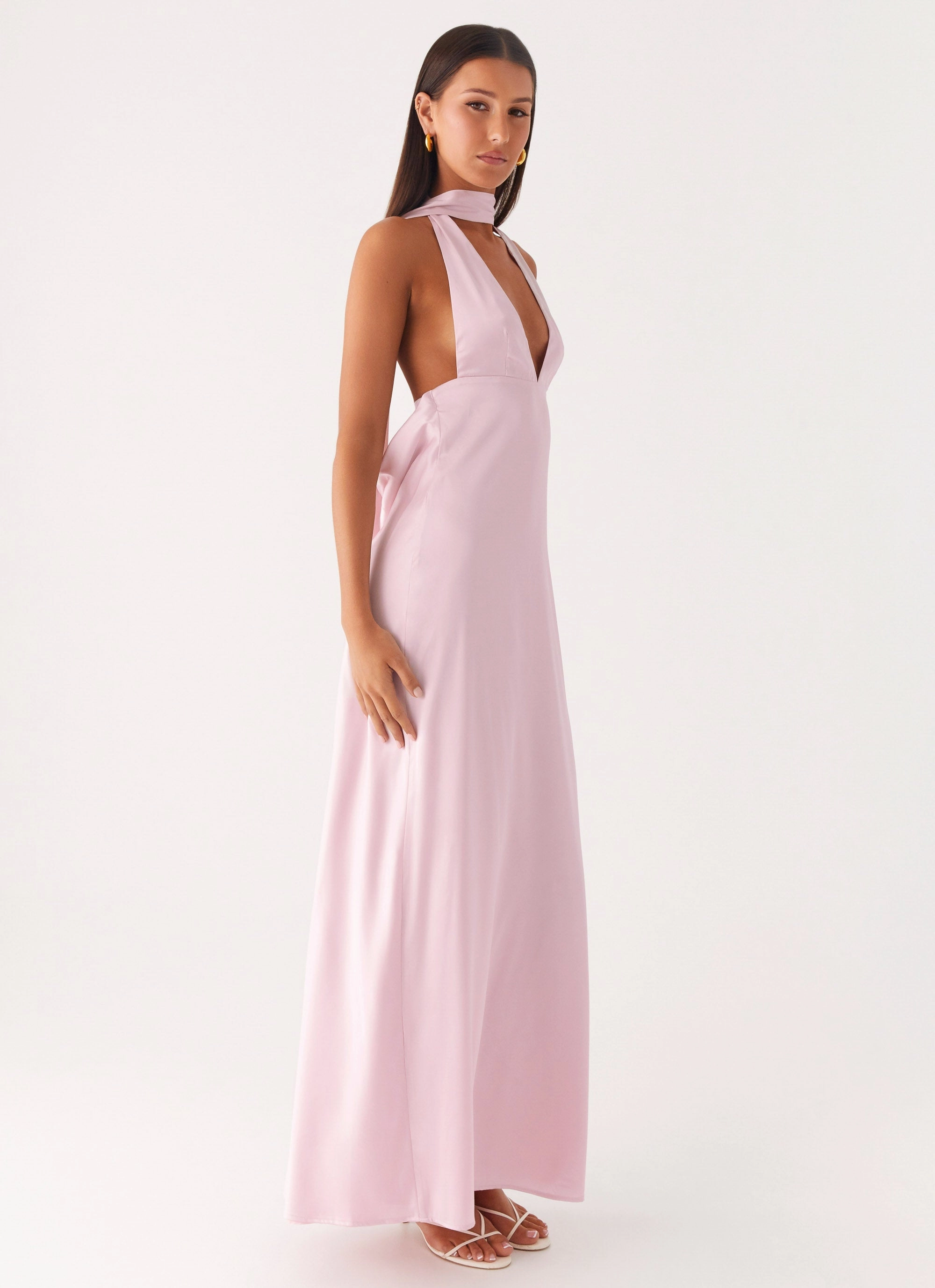 Maternity Friendly Modest Wear Alicia Satin Halter Maxi Dress - Baby Pink Timeless Fashion