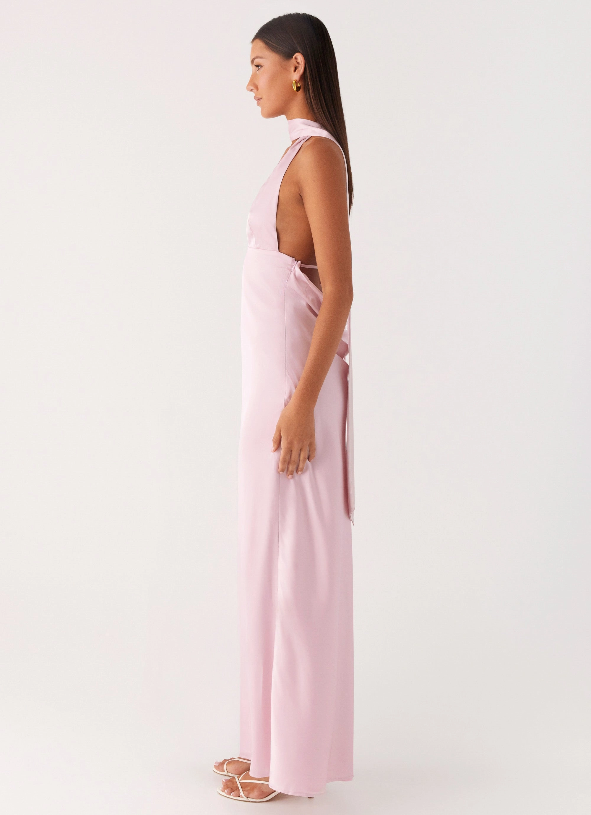 Silicone Grip Trim Alicia Satin Halter Maxi Dress - Baby Pink Timeless Fashion