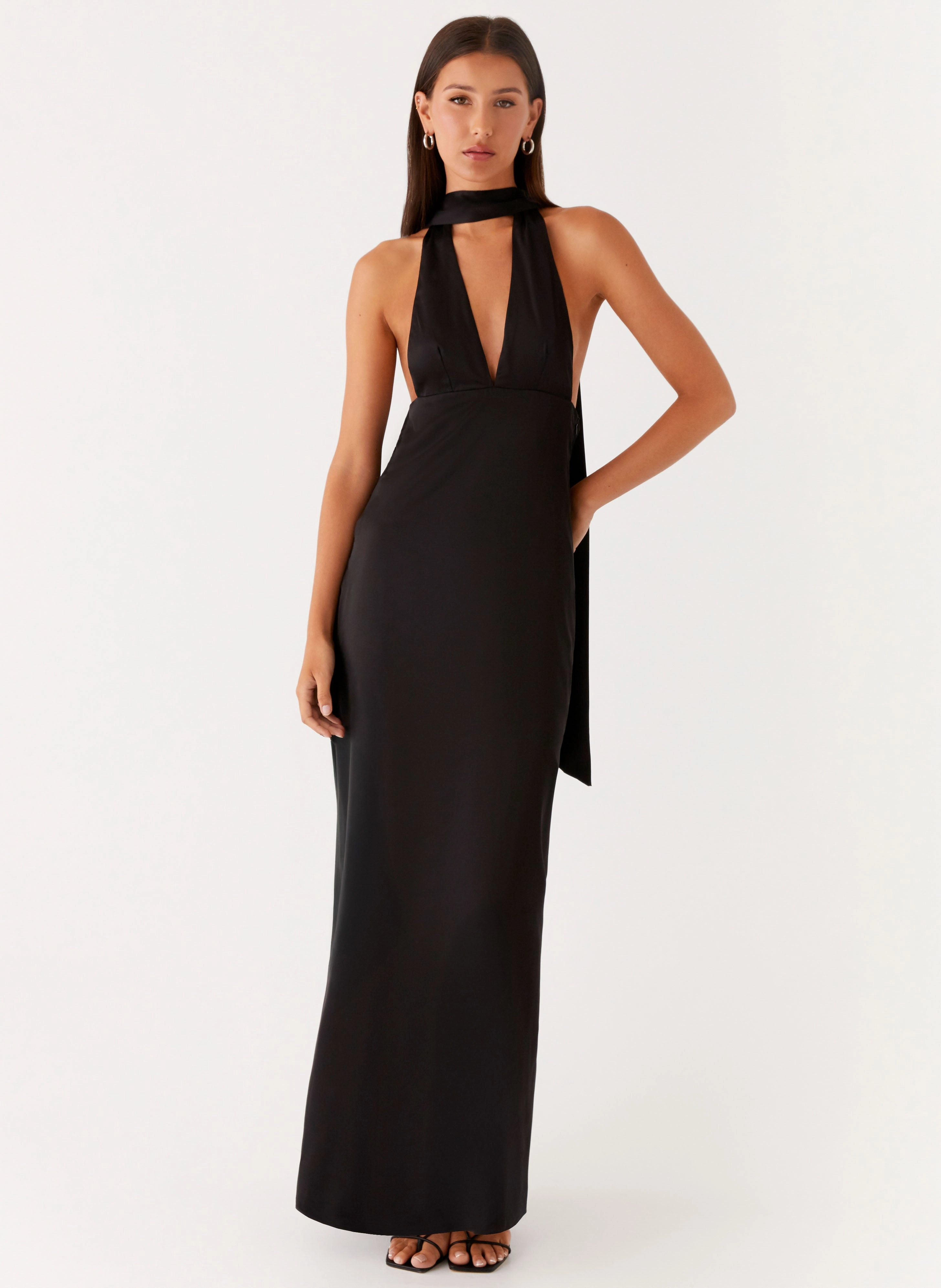 Balanced Outfit Alicia Satin Halter Maxi Dress - Black Low Waist