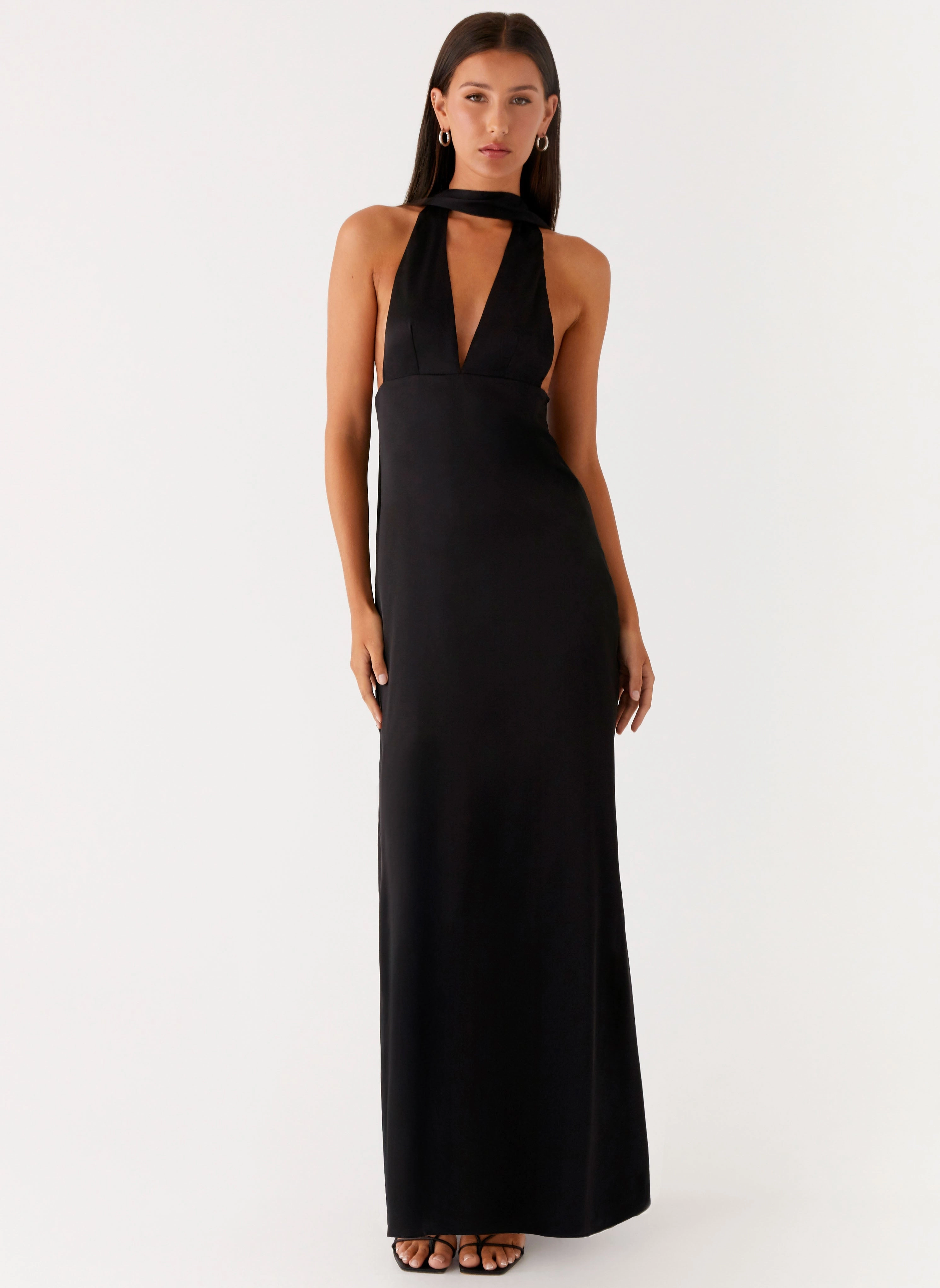 Modest Wear Linen blend Alicia Satin Halter Maxi Dress - Black Low Waist