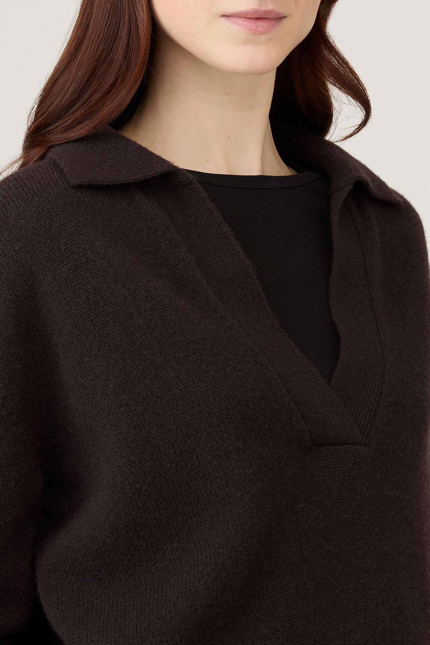 Women's Lambswool Polo Neck Jumper in Truffle Bonded Seam Reinforcement