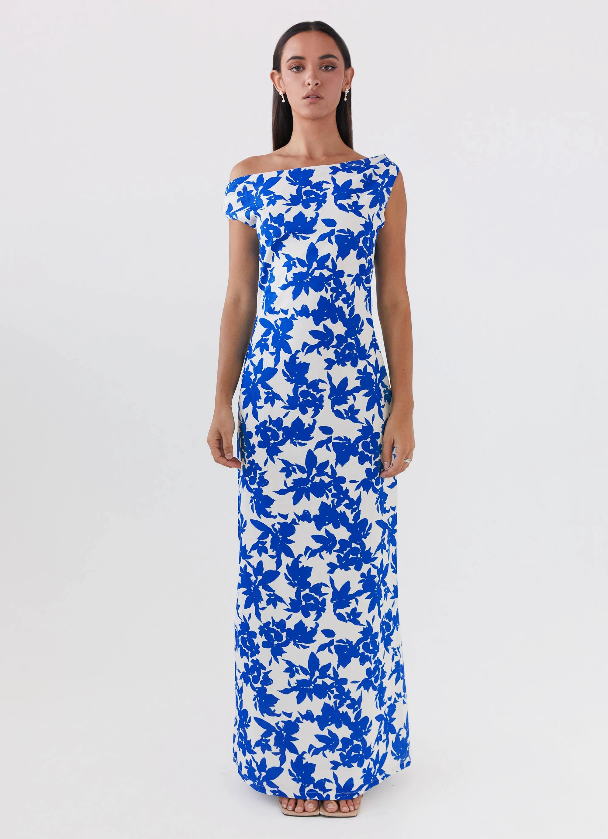 Calm Silhouette Pyper Off Shoulder Maxi Dress - Blue Floral