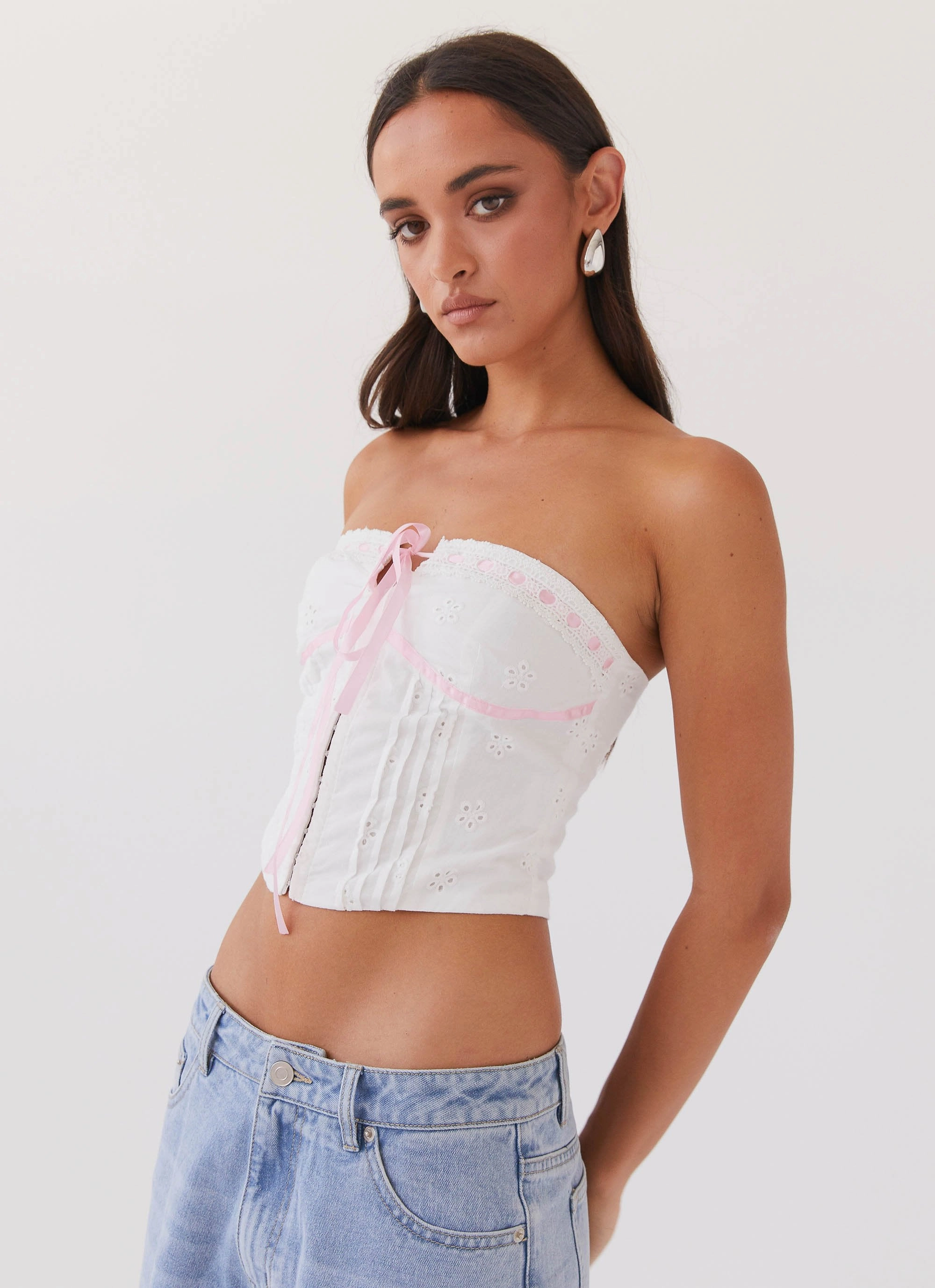 All My Affection Bustier Top - Pink Ribbon Neutral Tone Stitching