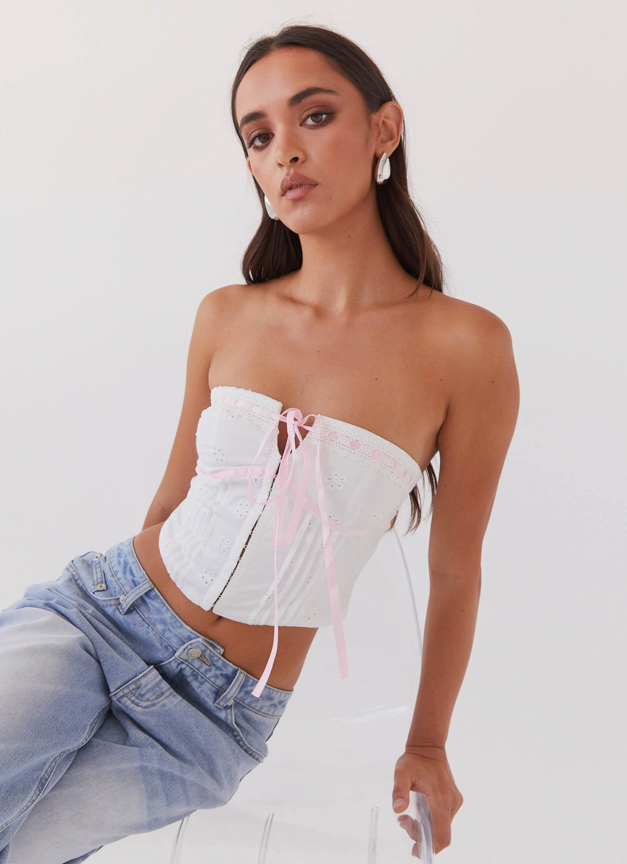 All My Affection Bustier Top - Pink Ribbon Ribbed Collar Design Tencel Blend Fabric