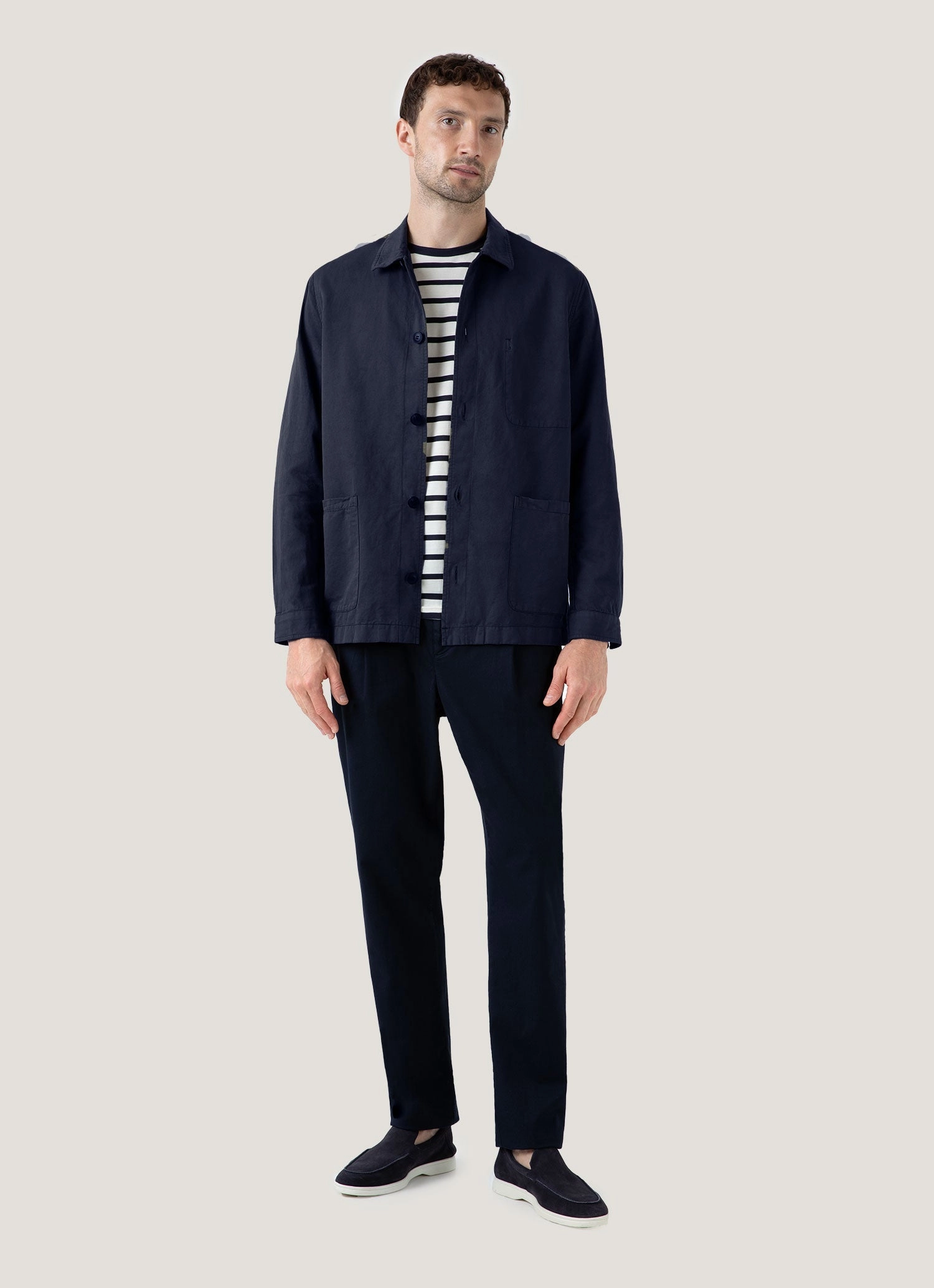 Casual Ease Men's Long Sleeve Classic T-shirt in Ecru/Navy Breton Stripe
