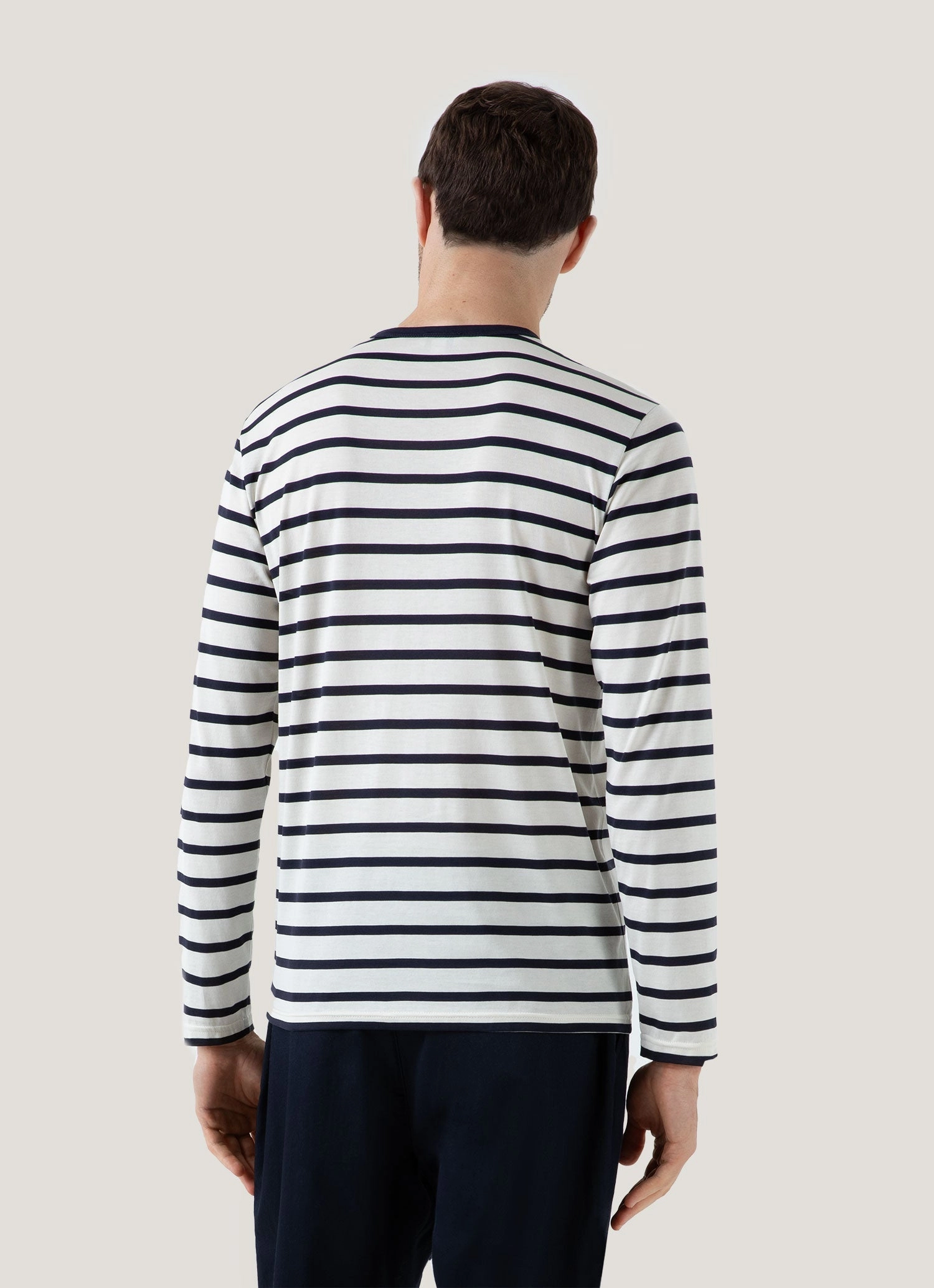 Men's Long Sleeve Classic T-shirt in Ecru/Navy Breton Stripe Basic Top