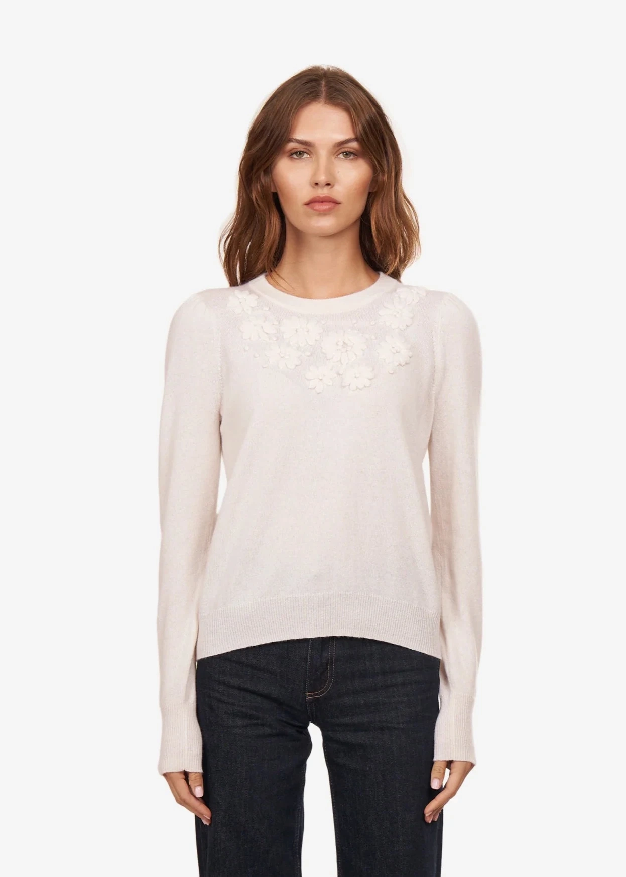 Autumn Cashmere Puff Sleeve Crew with Floral Embroidery Warm Appeal
