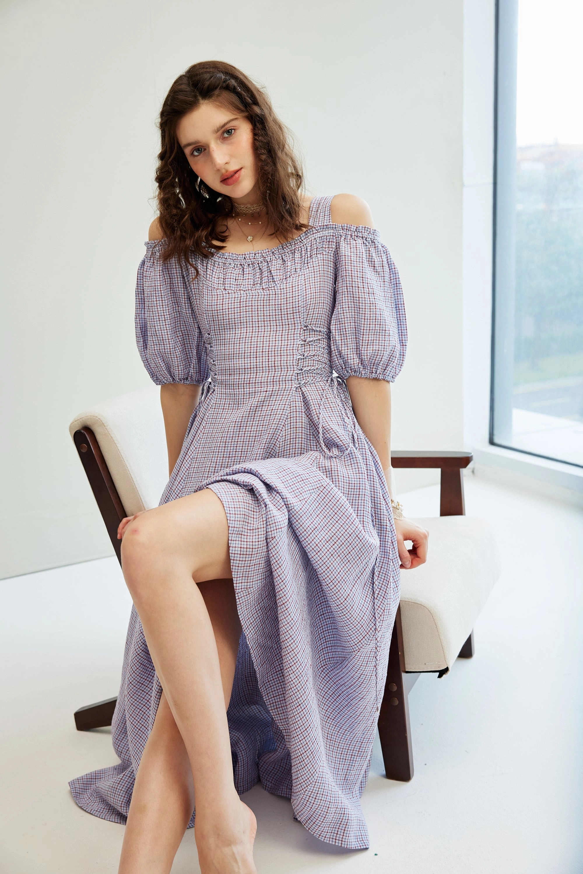 Sleek Layers Quilted Interior Mia 19 | halter linen dress with puff sleeves