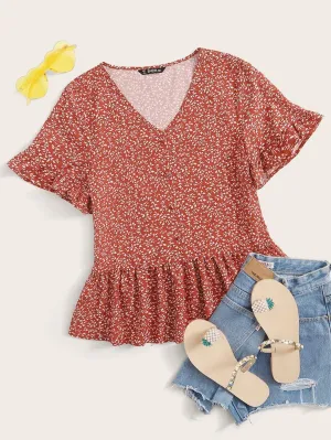 Allover Plants Print Flutter Sleeve Peplum Top