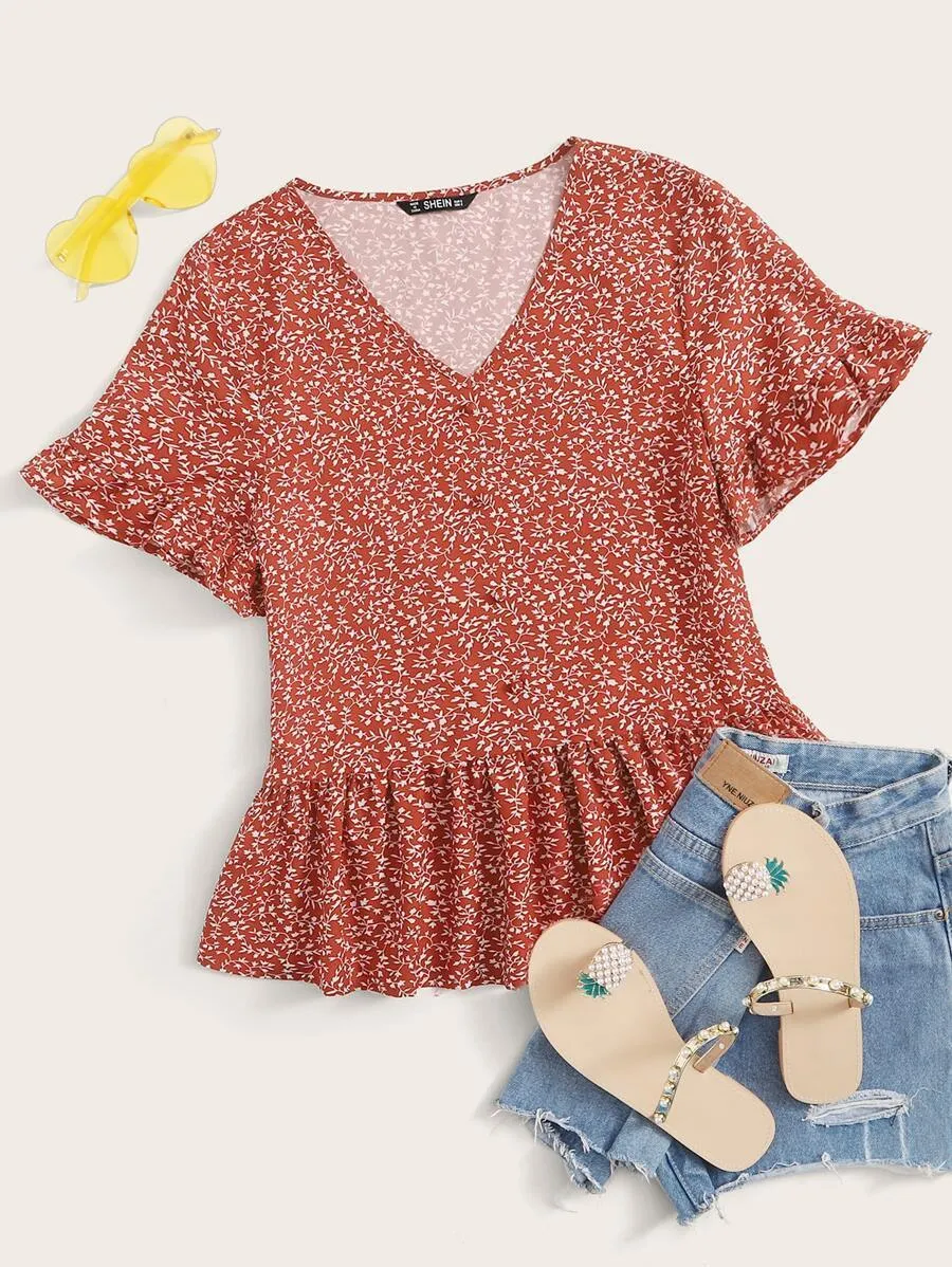 Allover Plants Print Flutter Sleeve Peplum Top