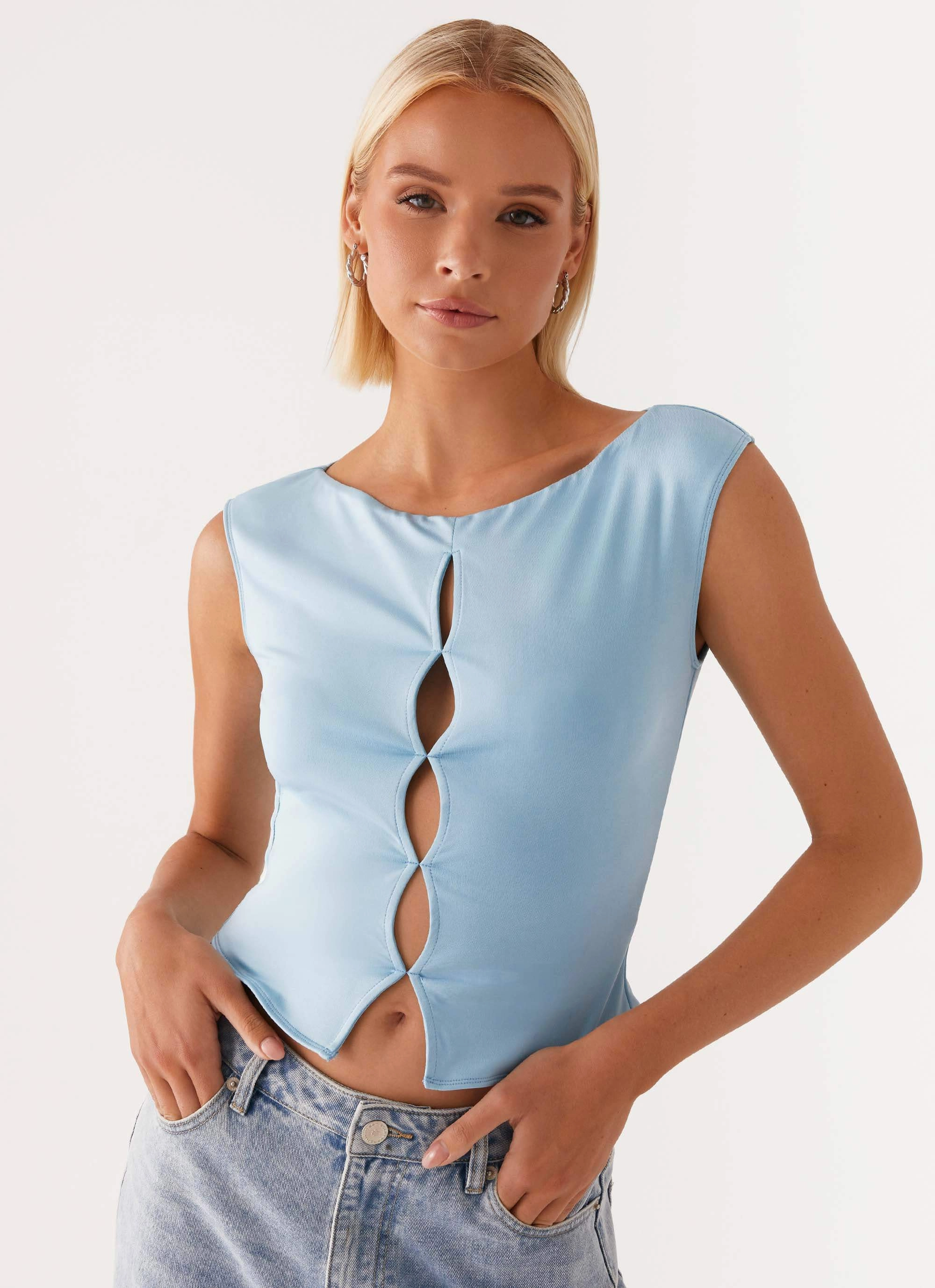 Ally Top - Baby Blue AdjustableHem Durable Reinforced Elbows