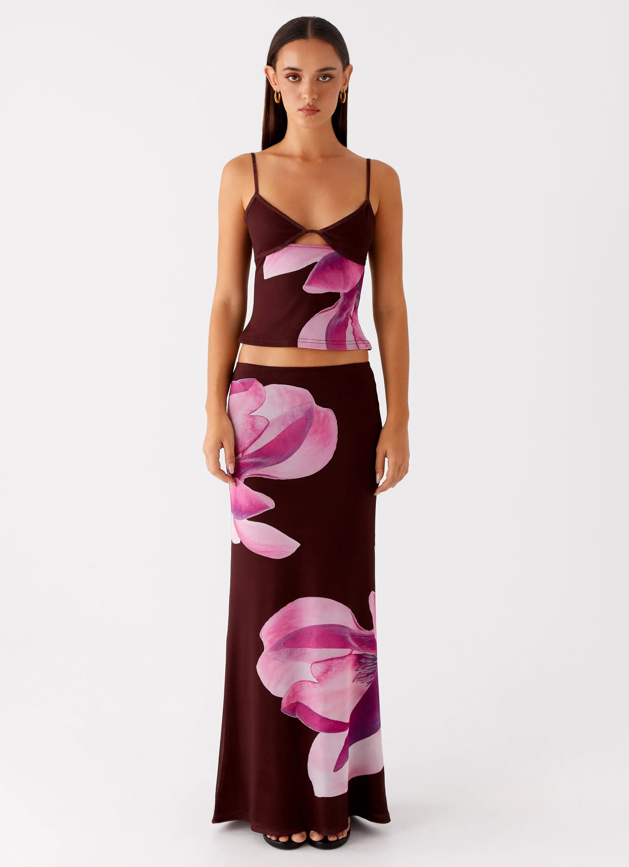 HighRiseWaist AdjustableDrawstring Alpha Maxi Skirt - Dark Chocolate