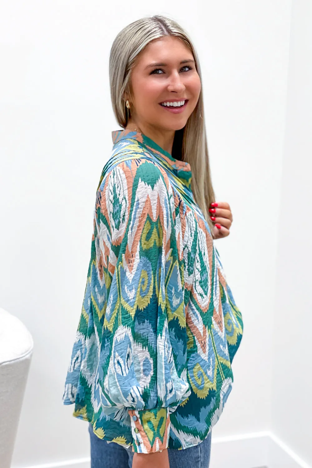 Always Thankful Bubble Sleeve Top - Green Multi