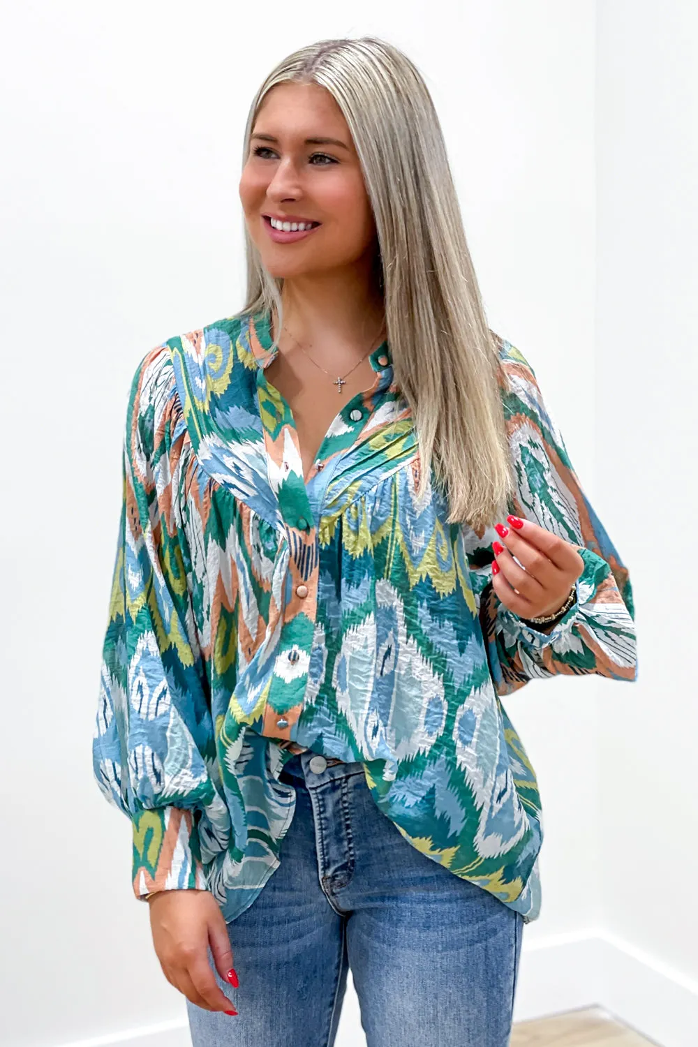 Always Thankful Bubble Sleeve Top - Green Multi