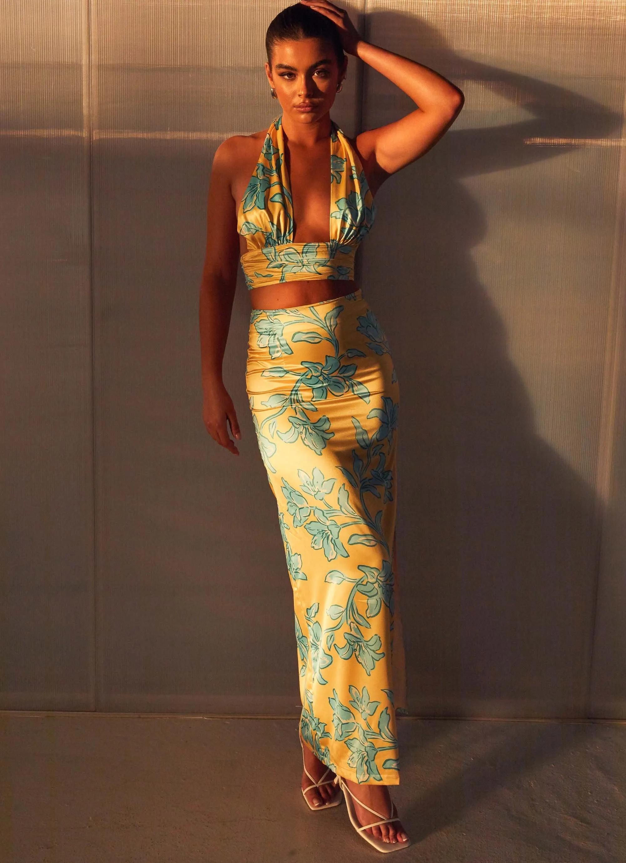 Amalia Satin Maxi Skirt - Golden Bloom Sport Wear Fit Active Utility