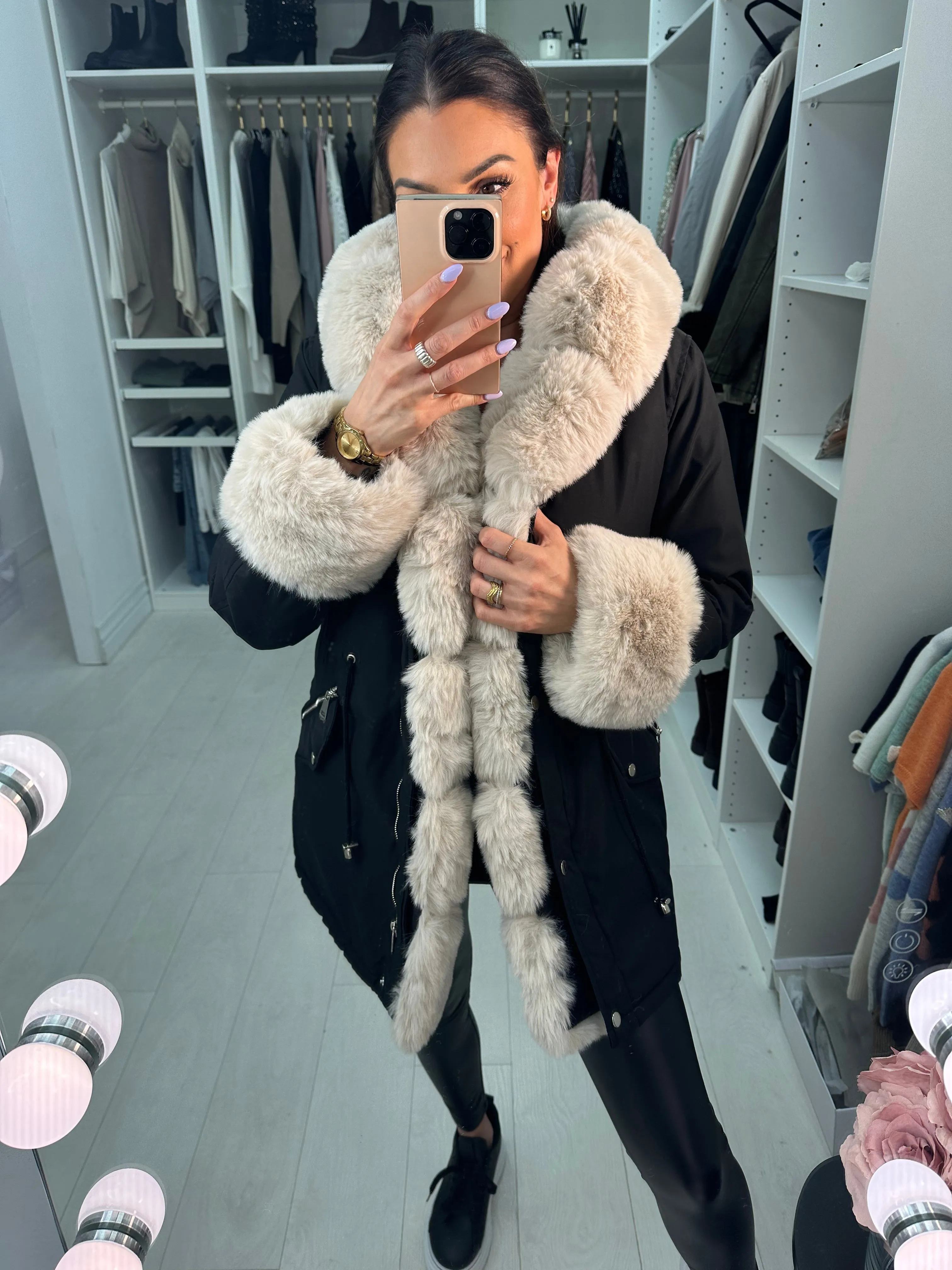 Amaya Black Beige Faux Fur Hooded Toggle Coat